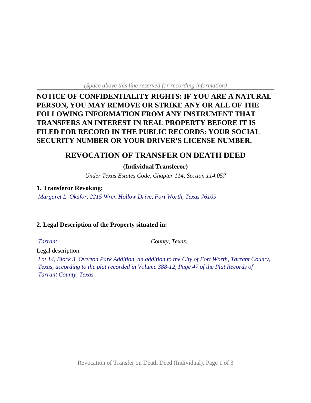 Guadalupe County Completed Example of the Revocation of Transfer on Death Deed (Individual) Document