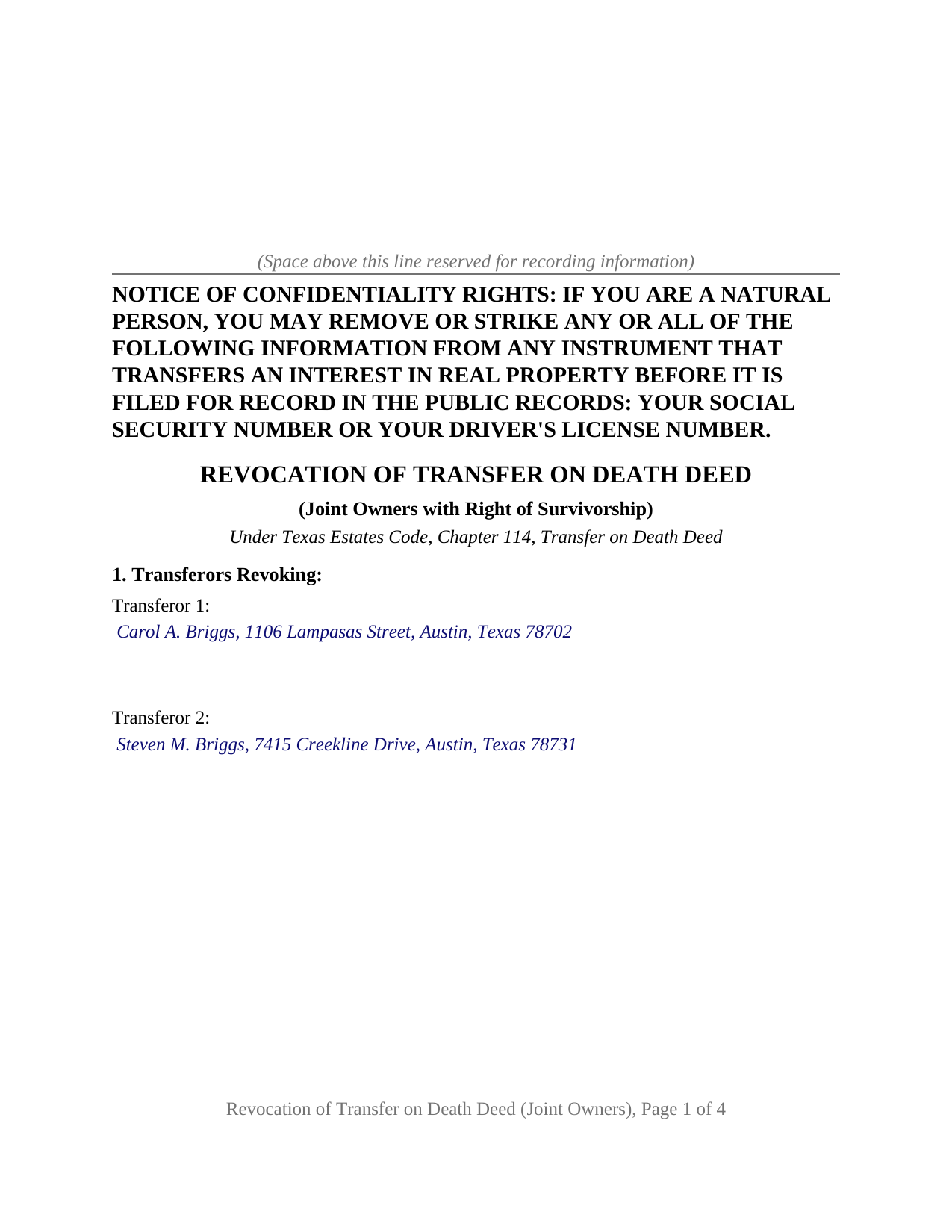 Crane County Completed Example of the Revocation of Transfer on Death Deed (Joint Owners) Document