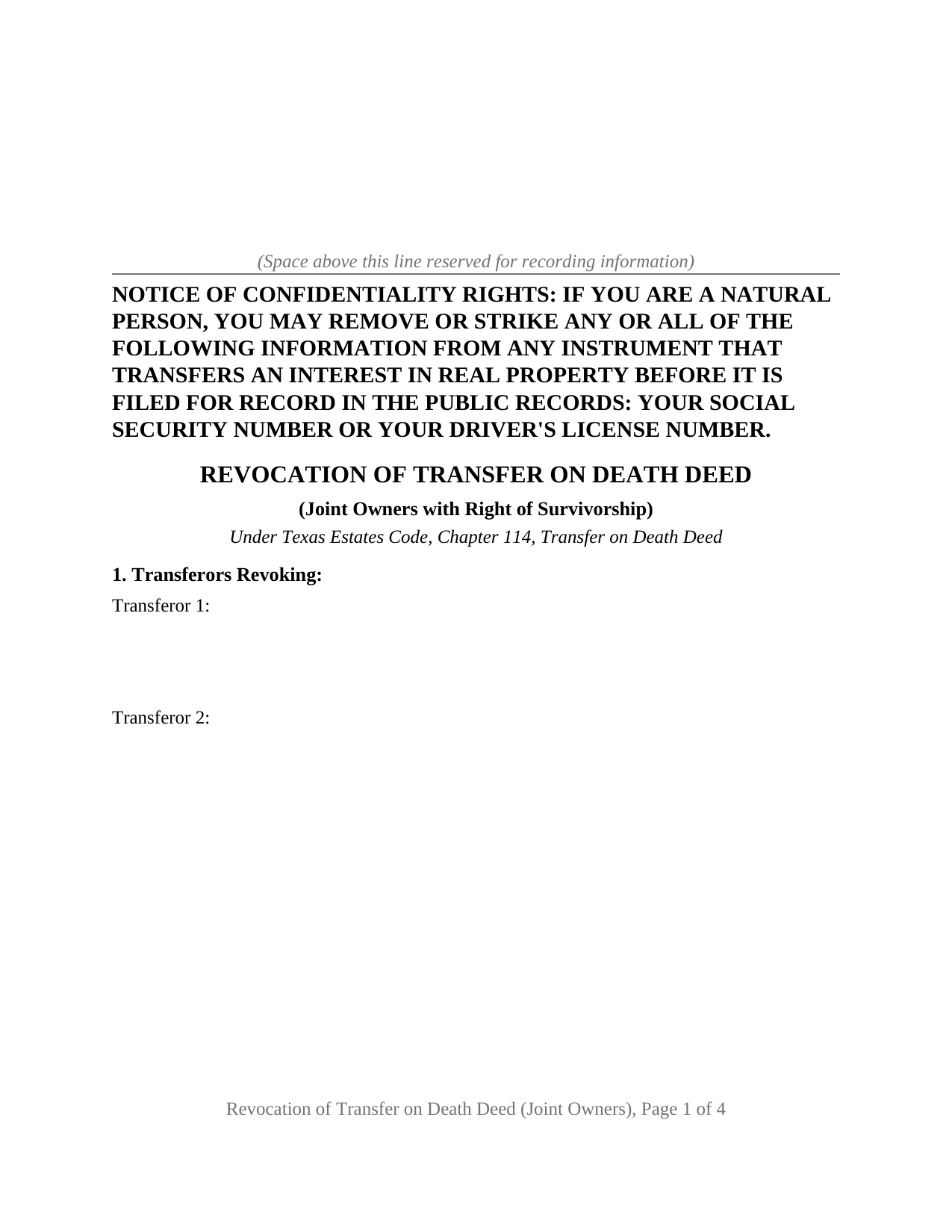 Crane County Revocation of Transfer on Death Deed (Joint Owners) Form