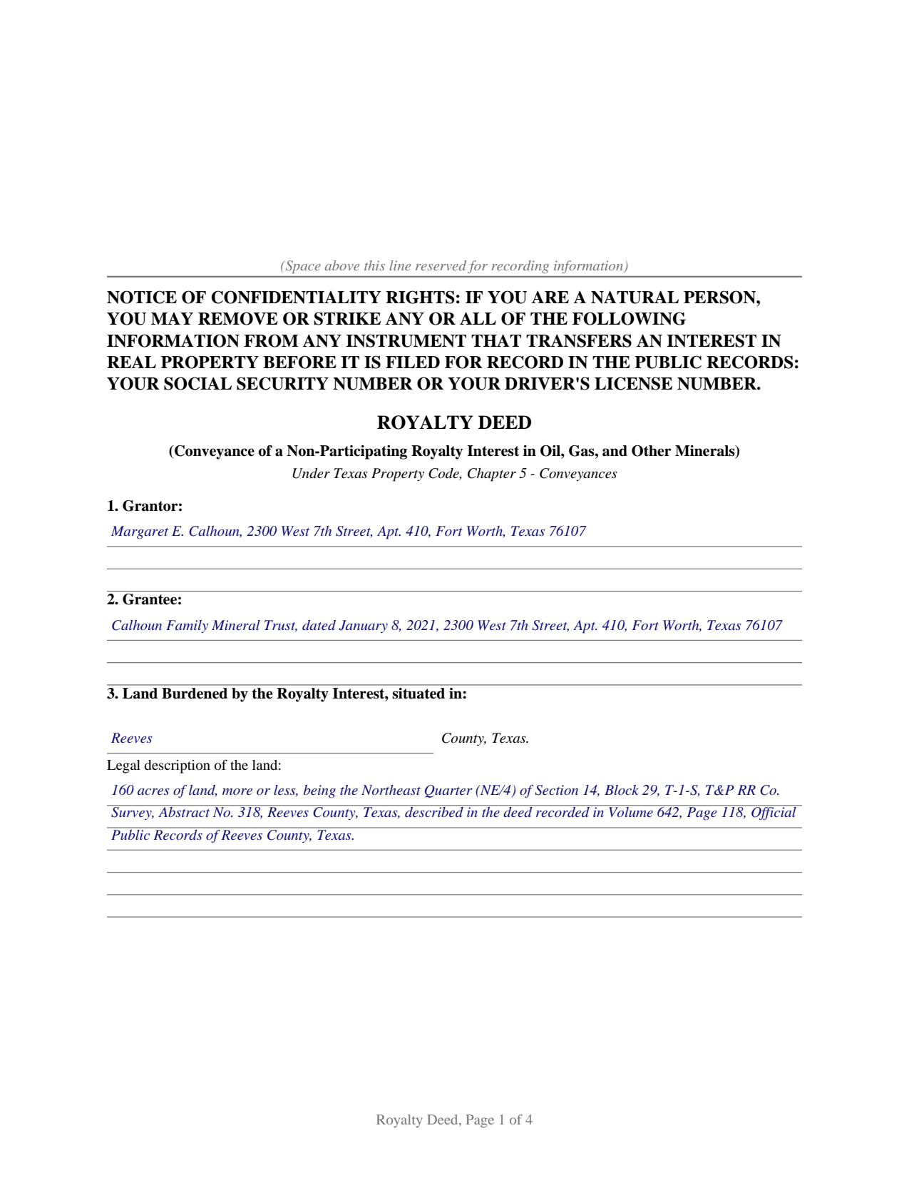 Delta County Completed Example of the Royalty Deed Document