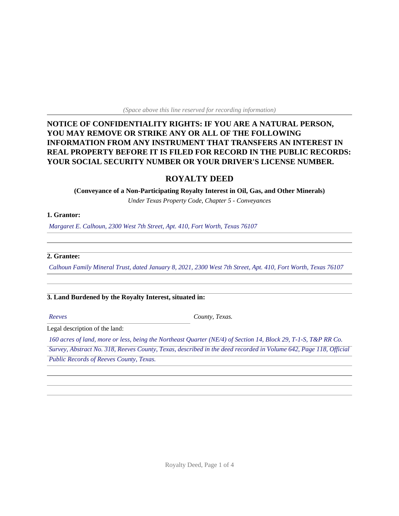 Hansford County Completed Example of the Royalty Deed Document
