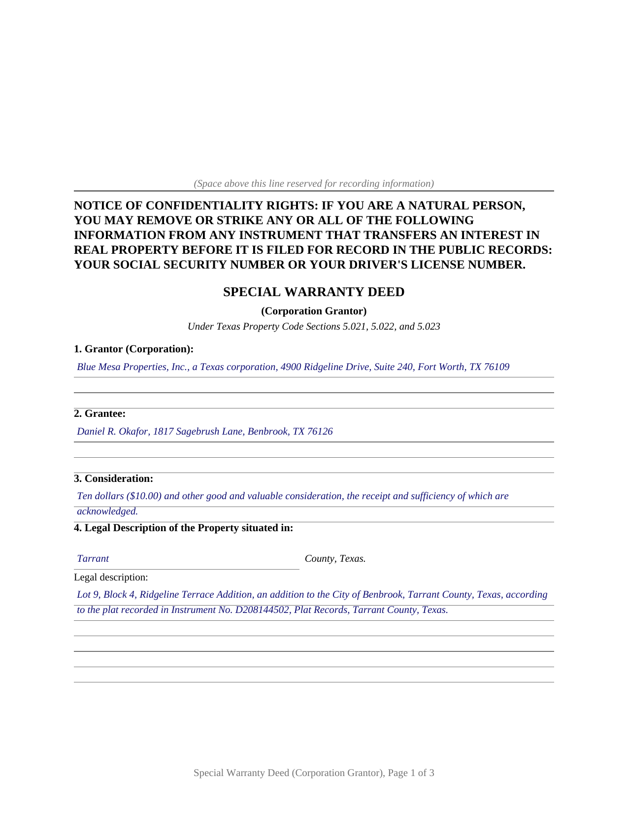 Delta County Completed Example of the Special Warranty Deed (Corporation Grantor) Document
