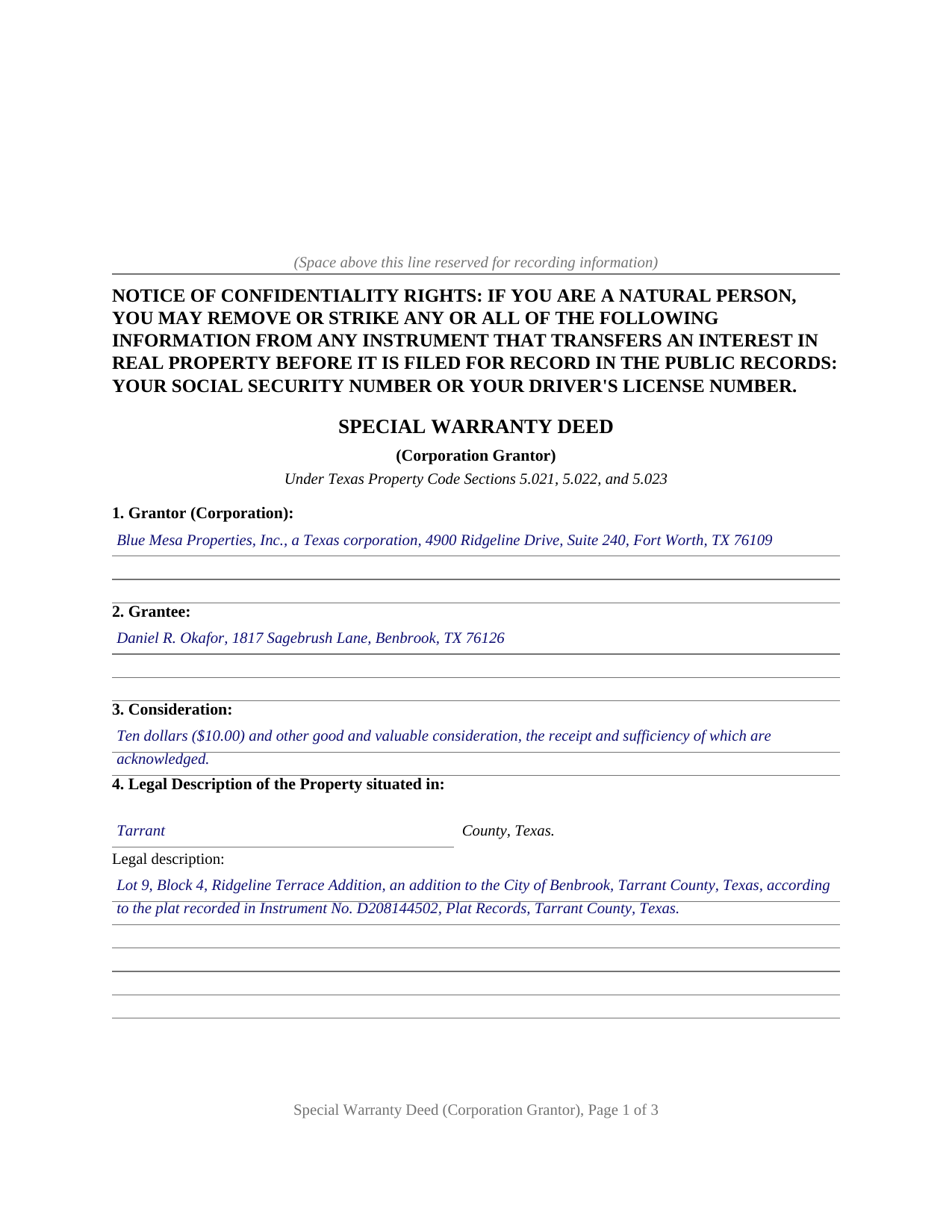 Waller County Completed Example of the Special Warranty Deed (Corporation Grantor) Document