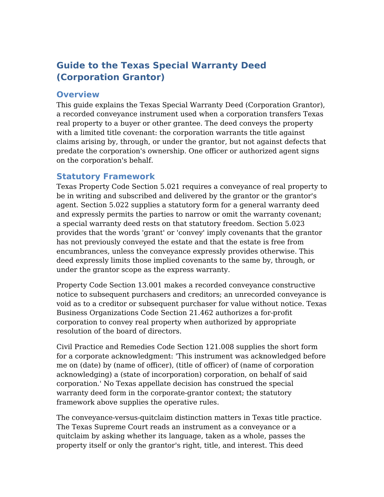 Waller County Special Warranty Deed (Corporation Grantor) Guide