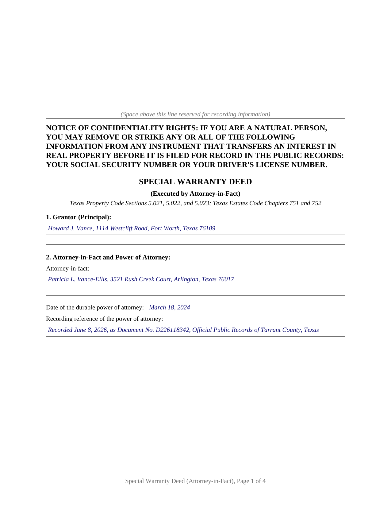 Delta County Completed Example of the Special Warranty Deed (Executed by Attorney-in-Fact) Document