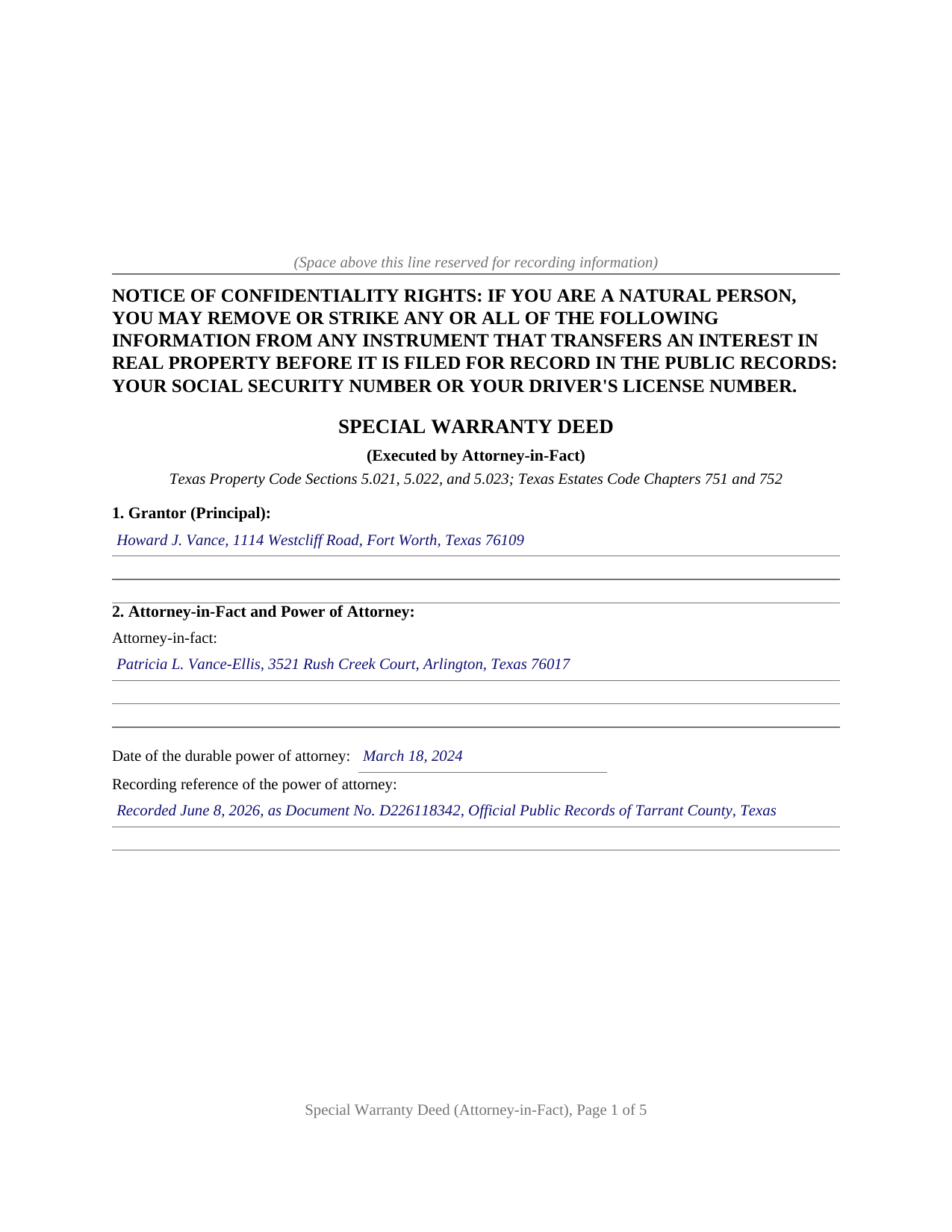 Fayette County Completed Example of the Special Warranty Deed (Executed by Attorney-in-Fact) Document