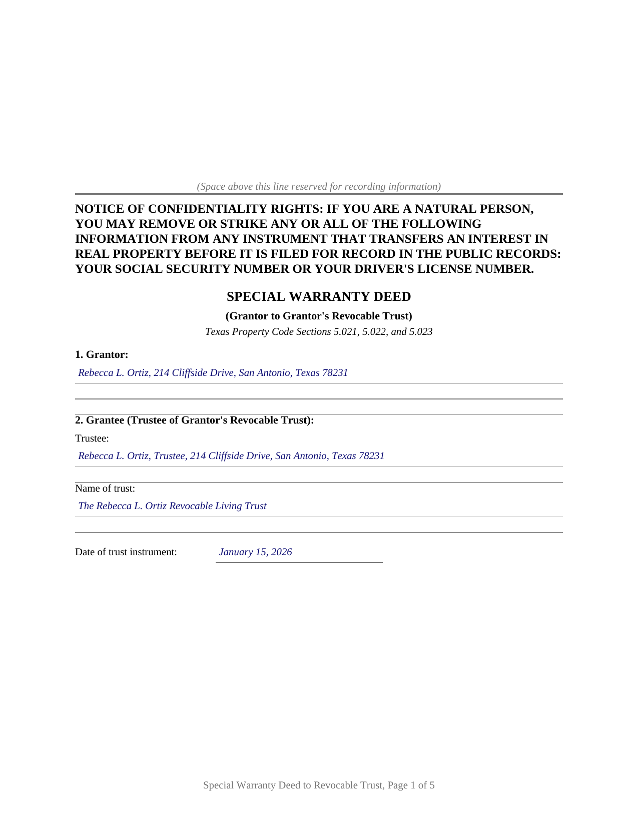 Delta County Completed Example of the Special Warranty Deed (Grantor to Own Revocable Trust) Document
