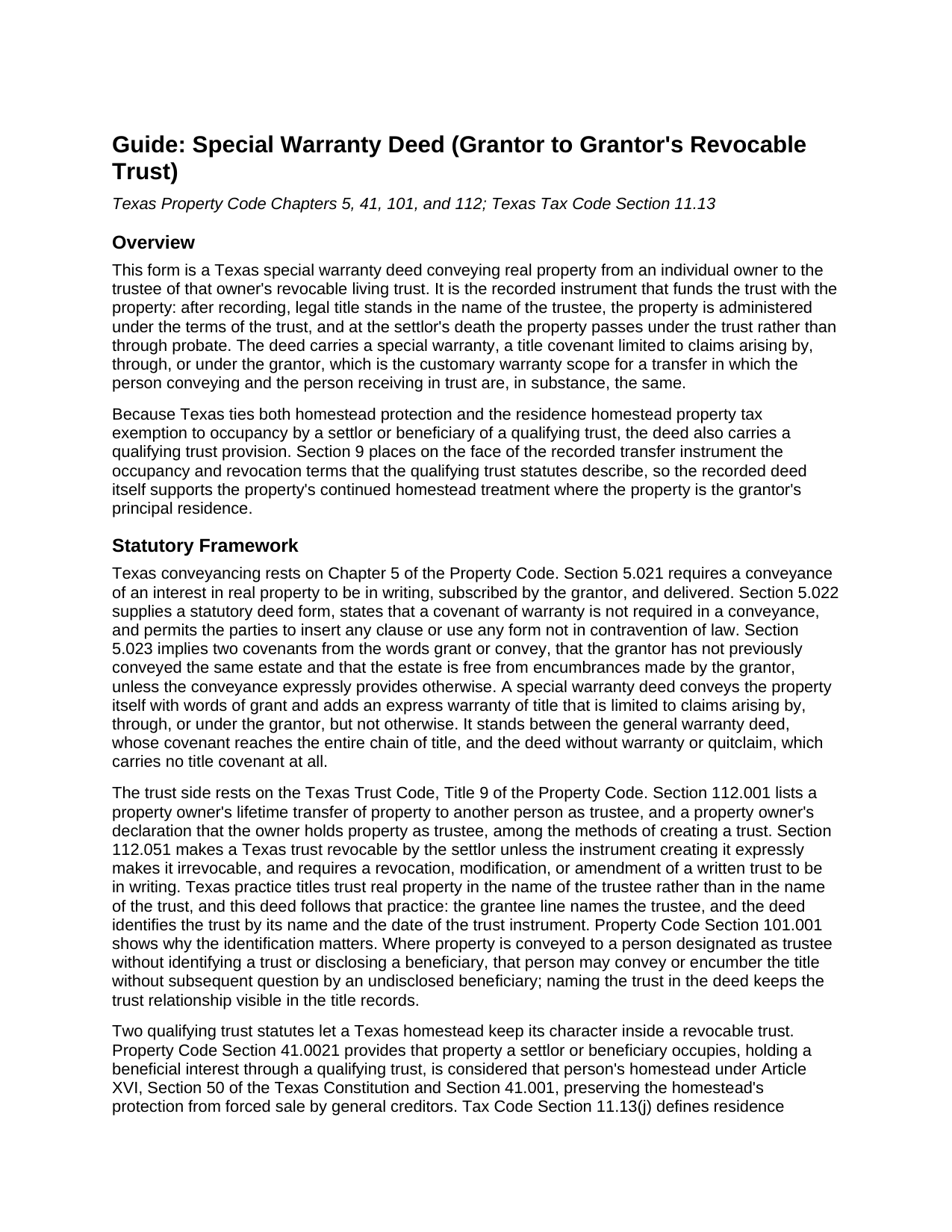 Delta County Special Warranty Deed (Grantor to Own Revocable Trust) Guide
