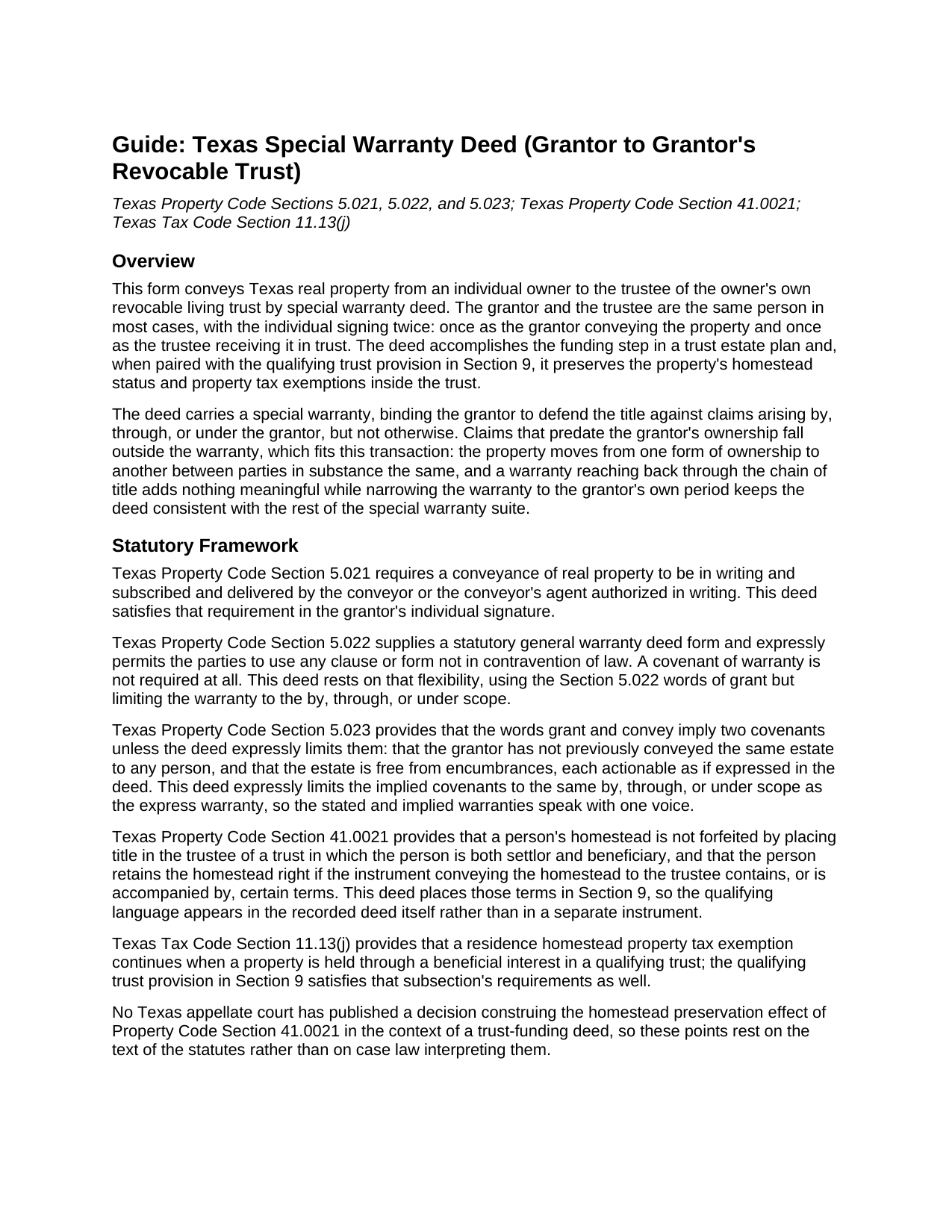 Waller County Special Warranty Deed (Grantor to Own Revocable Trust) Guide