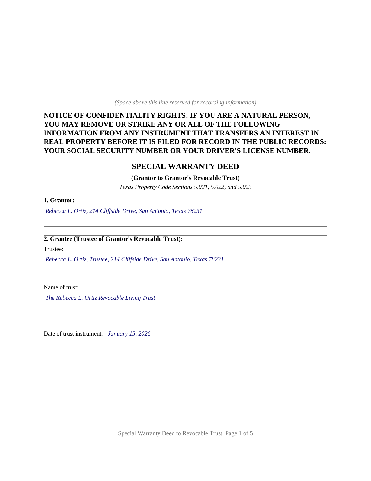Waller County Completed Example of the Special Warranty Deed (Grantor to Own Revocable Trust) Document