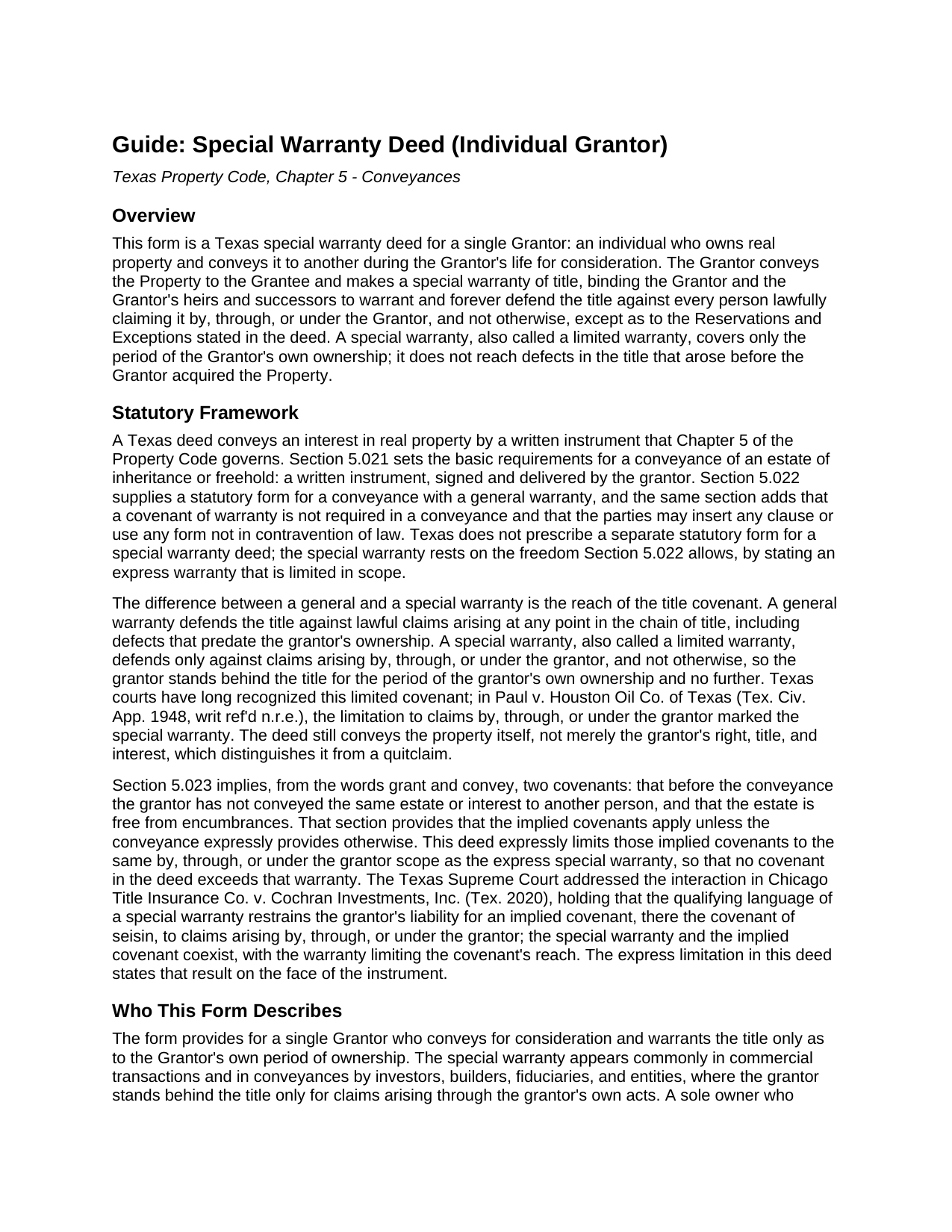 Castro County Special Warranty Deed (Individual Grantor) Guide