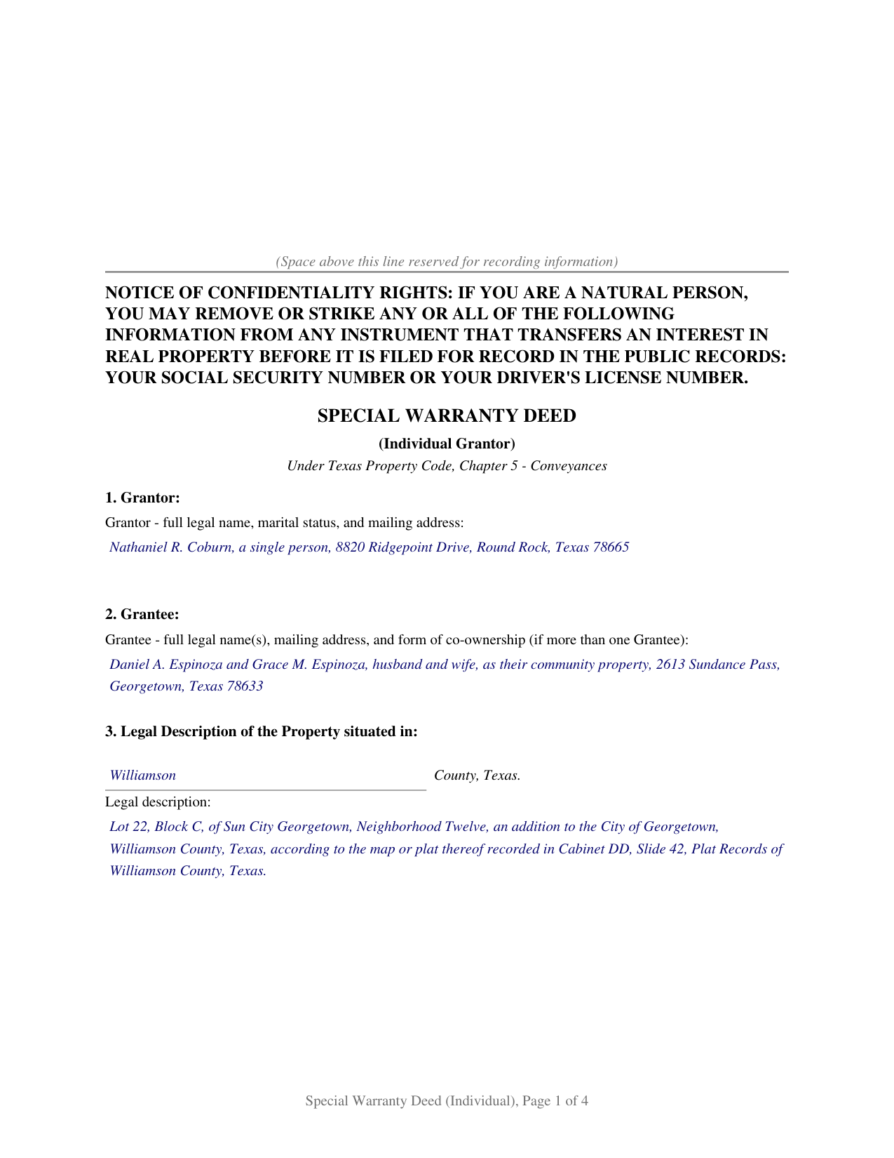 Castro County Completed Example of the Special Warranty Deed (Individual Grantor) Document