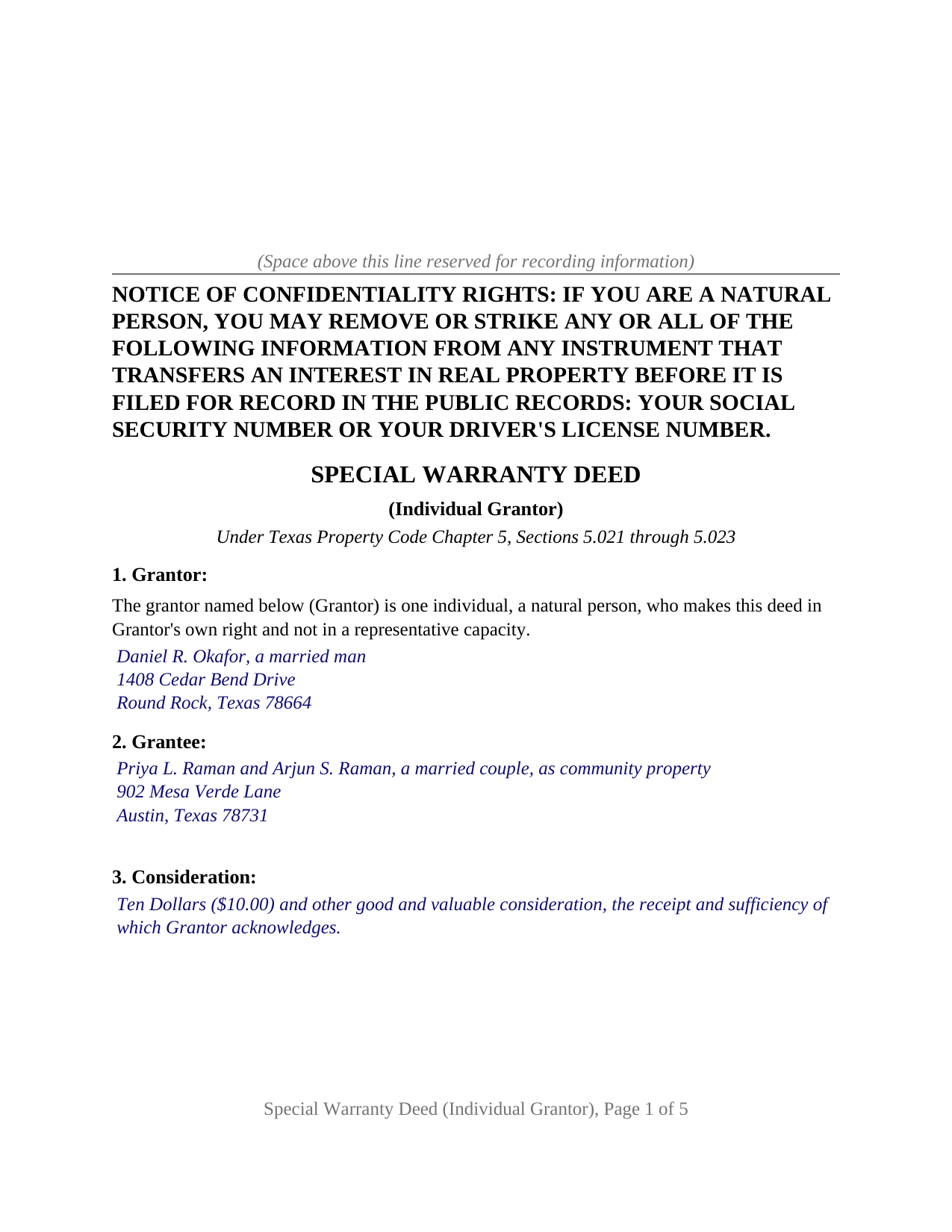 Karnes County Completed Example of the Special Warranty Deed (Individual Grantor) Document