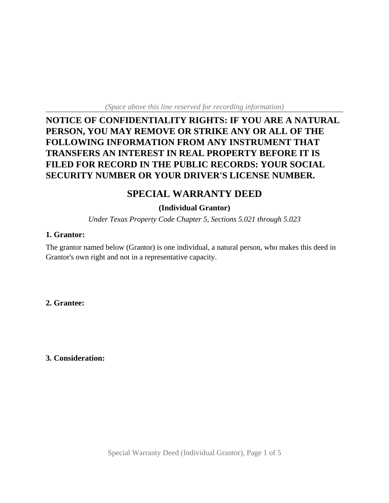 Karnes County Special Warranty Deed (Individual Grantor) Form