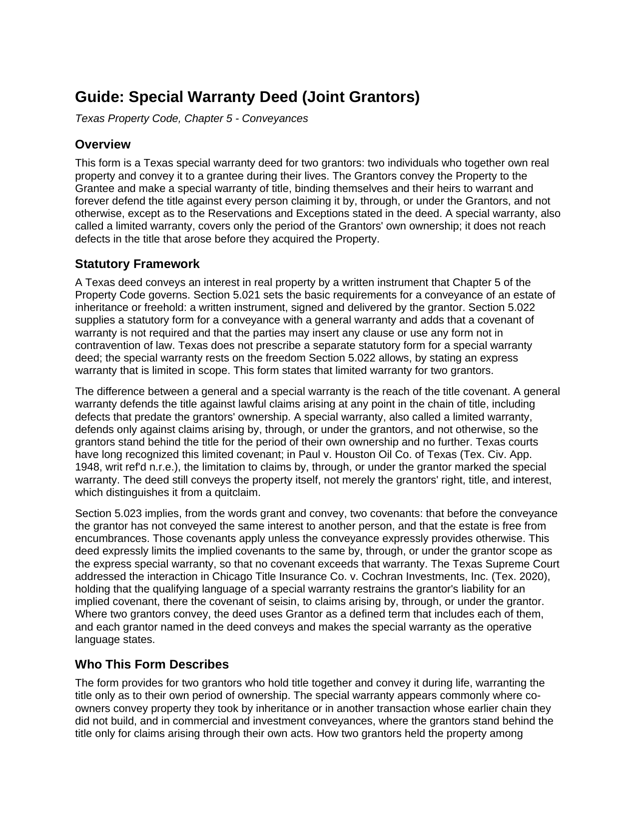 Castro County Special Warranty Deed (Joint Grantors) Guide