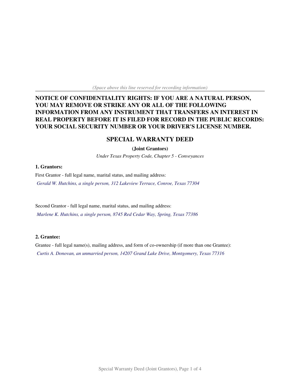 Castro County Completed Example of the Special Warranty Deed (Joint Grantors) Document