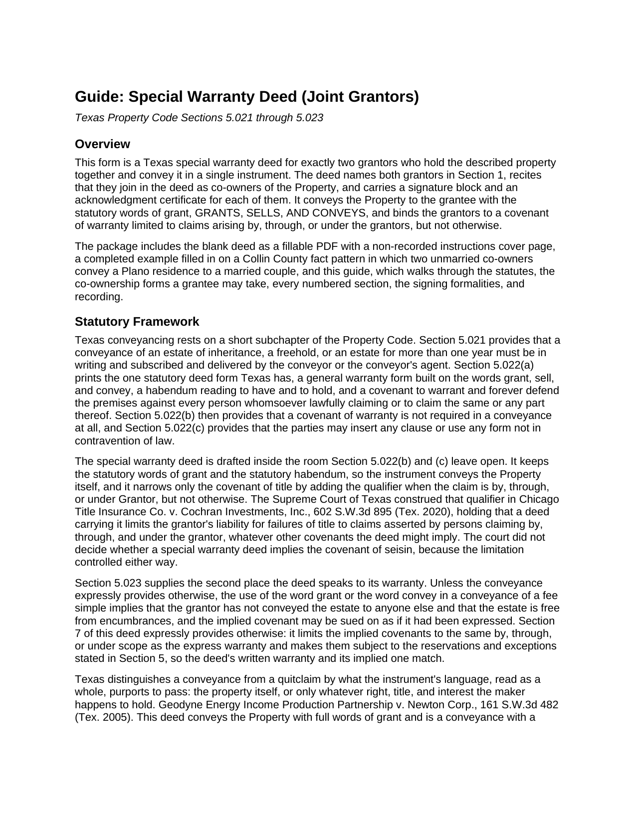 Collin County Special Warranty Deed (Joint Grantors) Guide