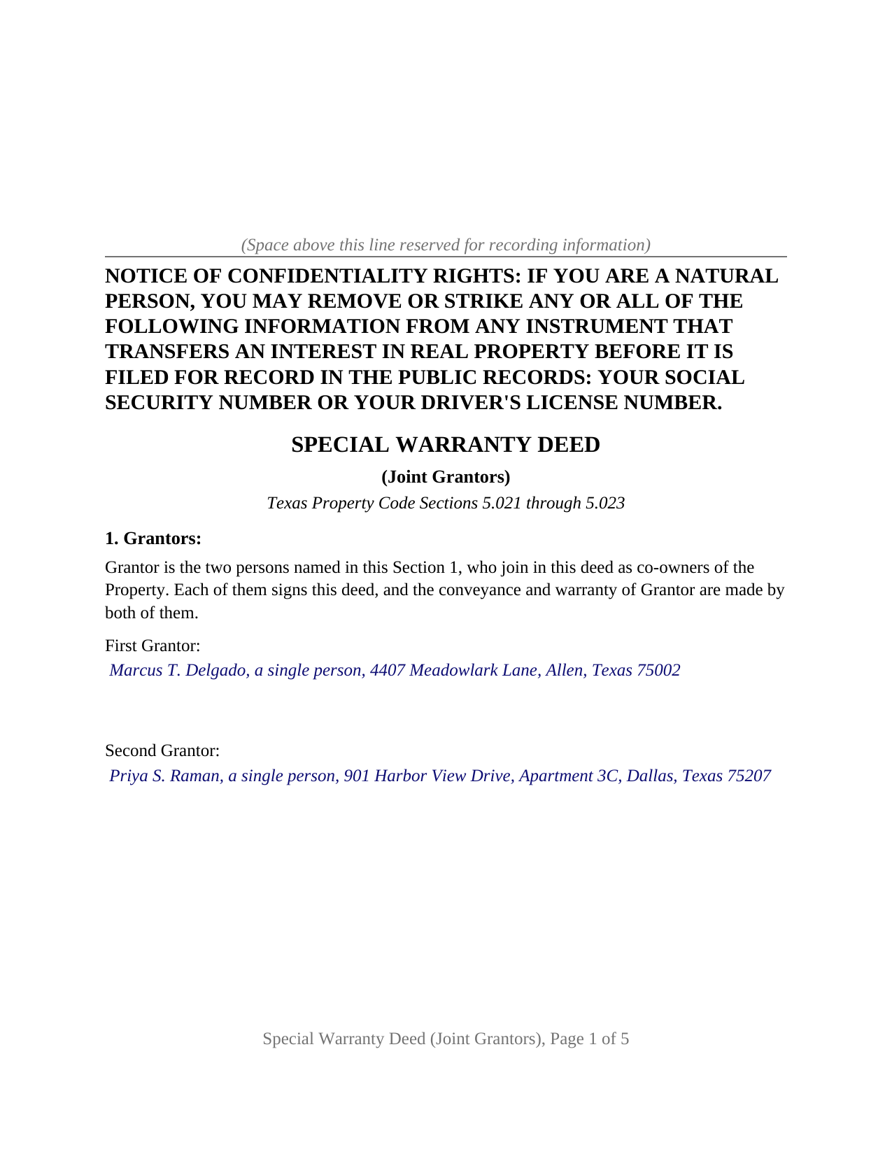 Collin County Completed Example of the Special Warranty Deed (Joint Grantors) Document