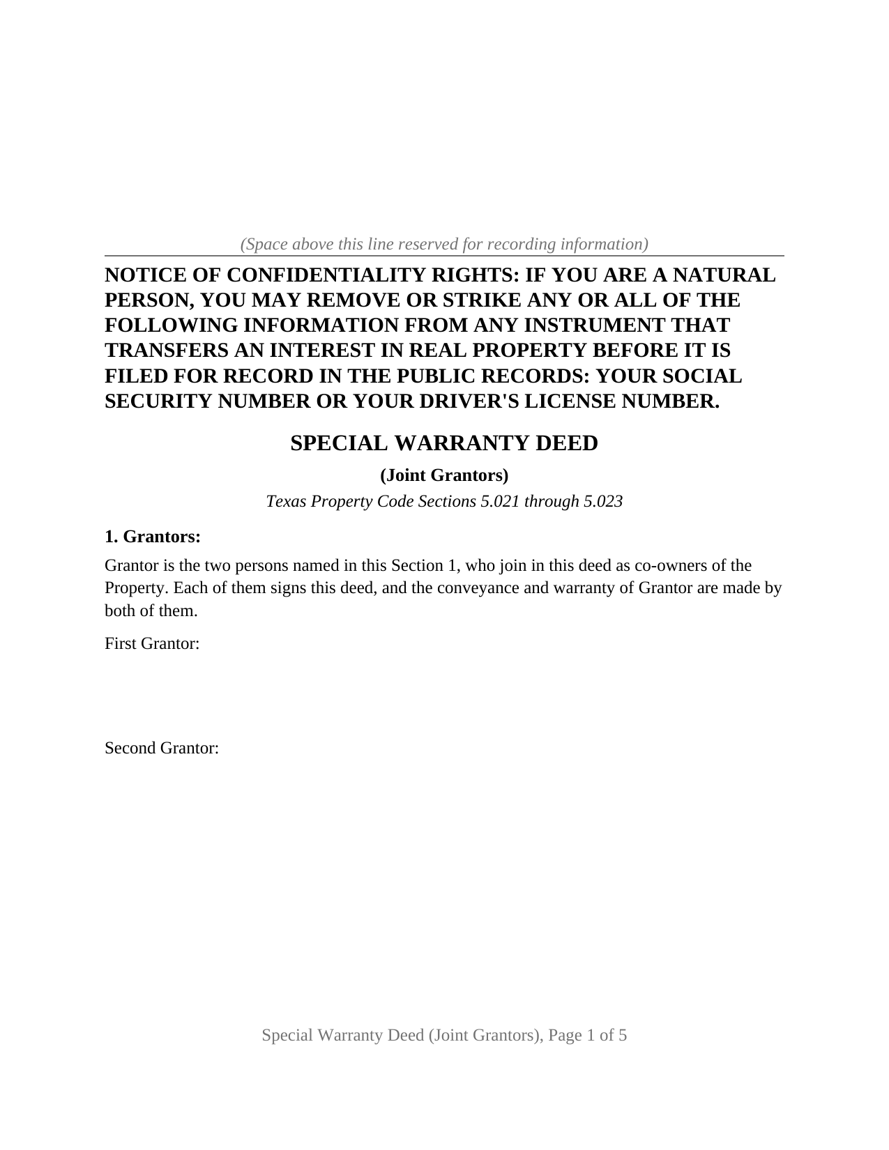 Collin County Special Warranty Deed (Joint Grantors) Form
