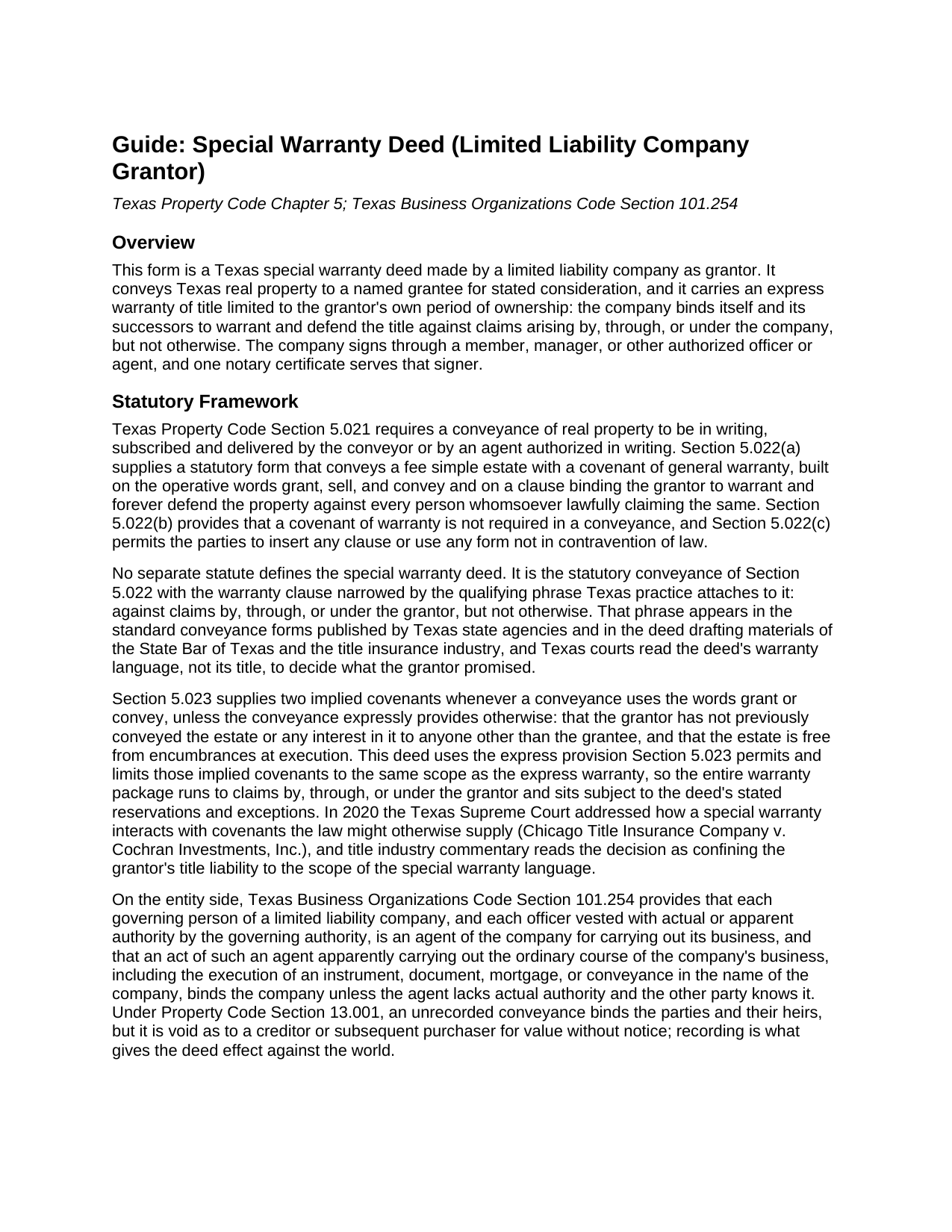 Delta County Special Warranty Deed (LLC Grantor) Guide
