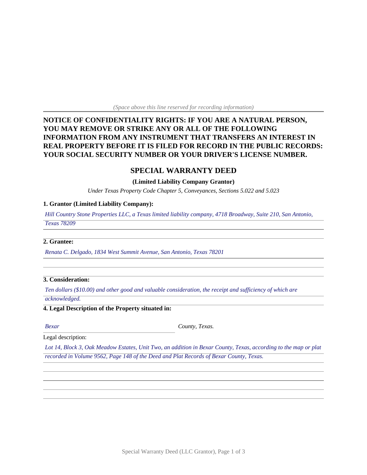 Delta County Completed Example of the Special Warranty Deed (LLC Grantor) Document