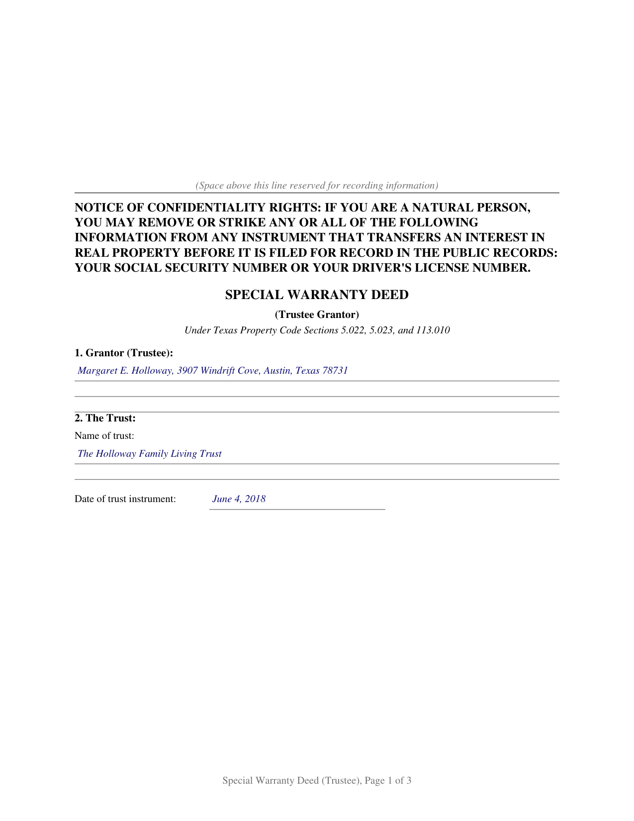 Delta County Completed Example of the Special Warranty Deed (Trustee Grantor) Document