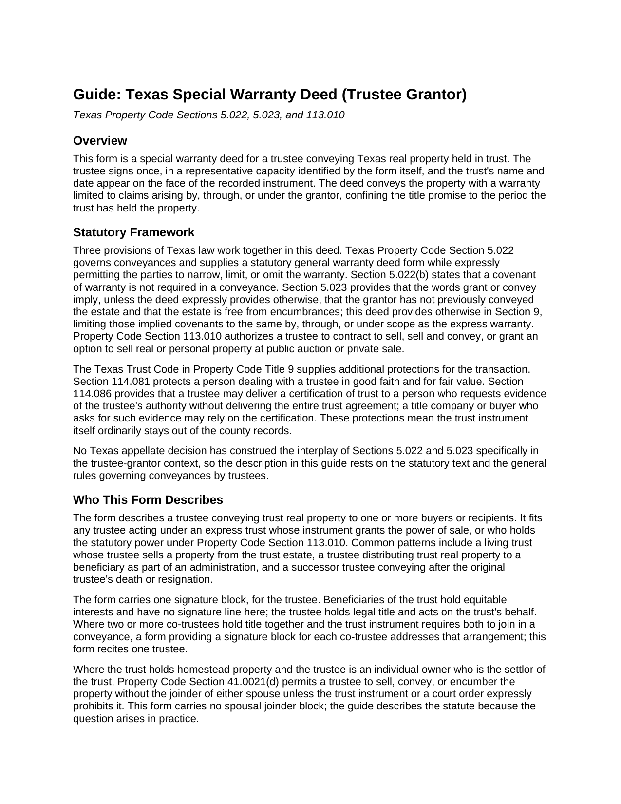 Duval County Special Warranty Deed (Trustee Grantor) Guide