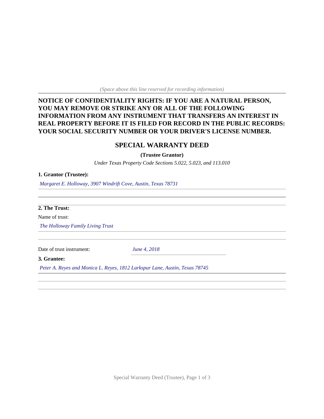 Duval County Completed Example of the Special Warranty Deed (Trustee Grantor) Document
