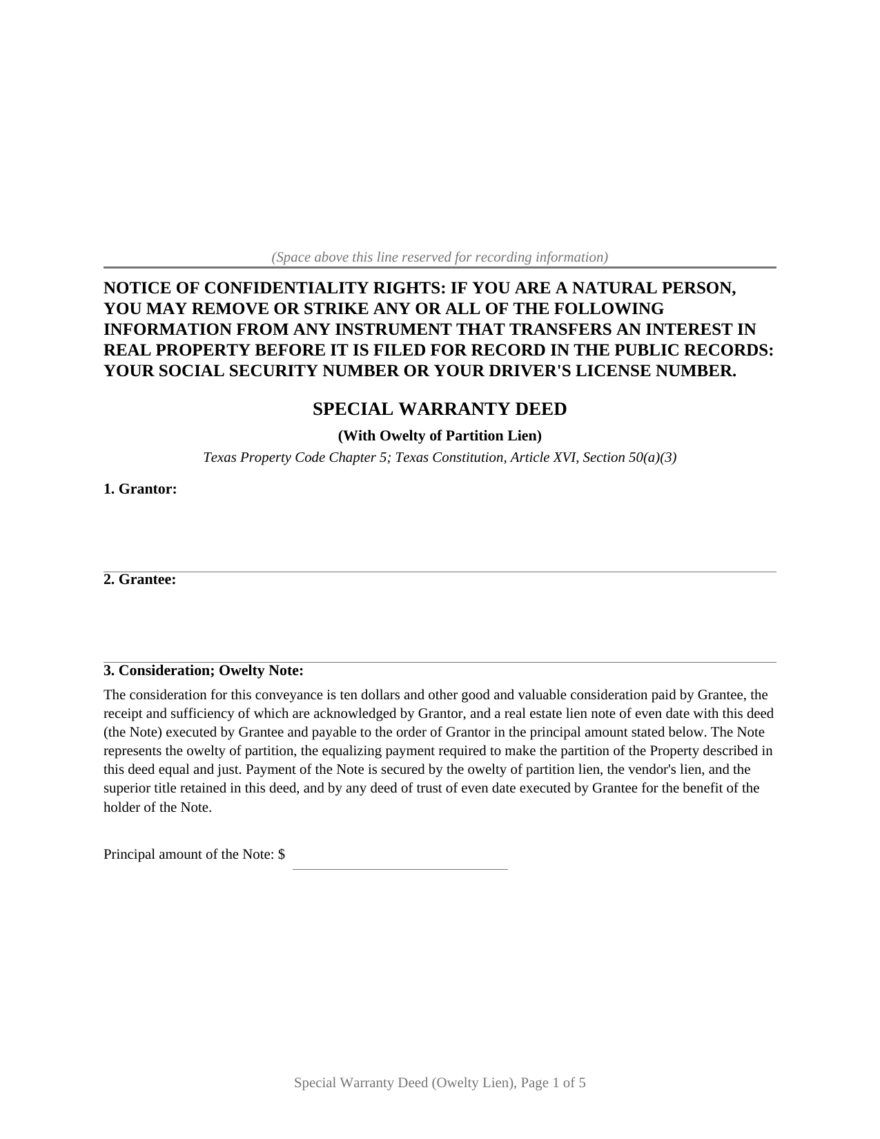 Delta County Special Warranty Deed (with Owelty Lien) Form