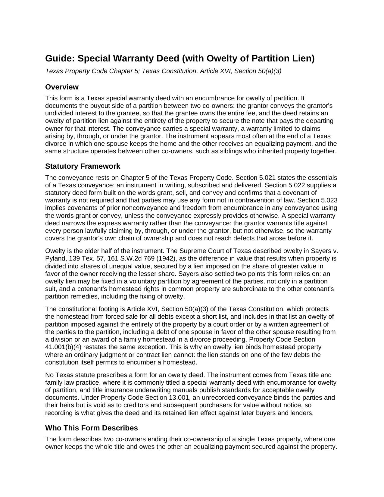 Delta County Special Warranty Deed (with Owelty Lien) Guide