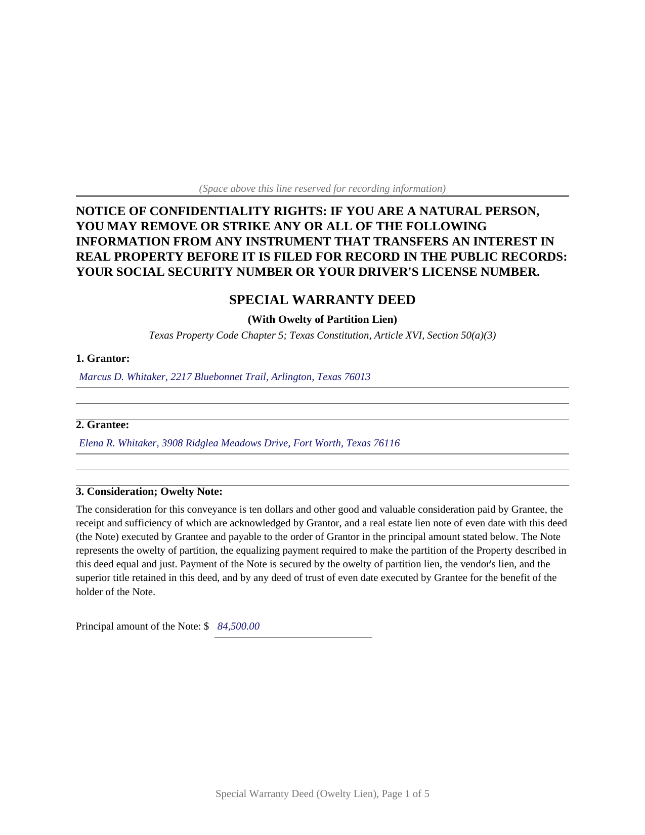 Delta County Completed Example of the Special Warranty Deed (with Owelty Lien) Document