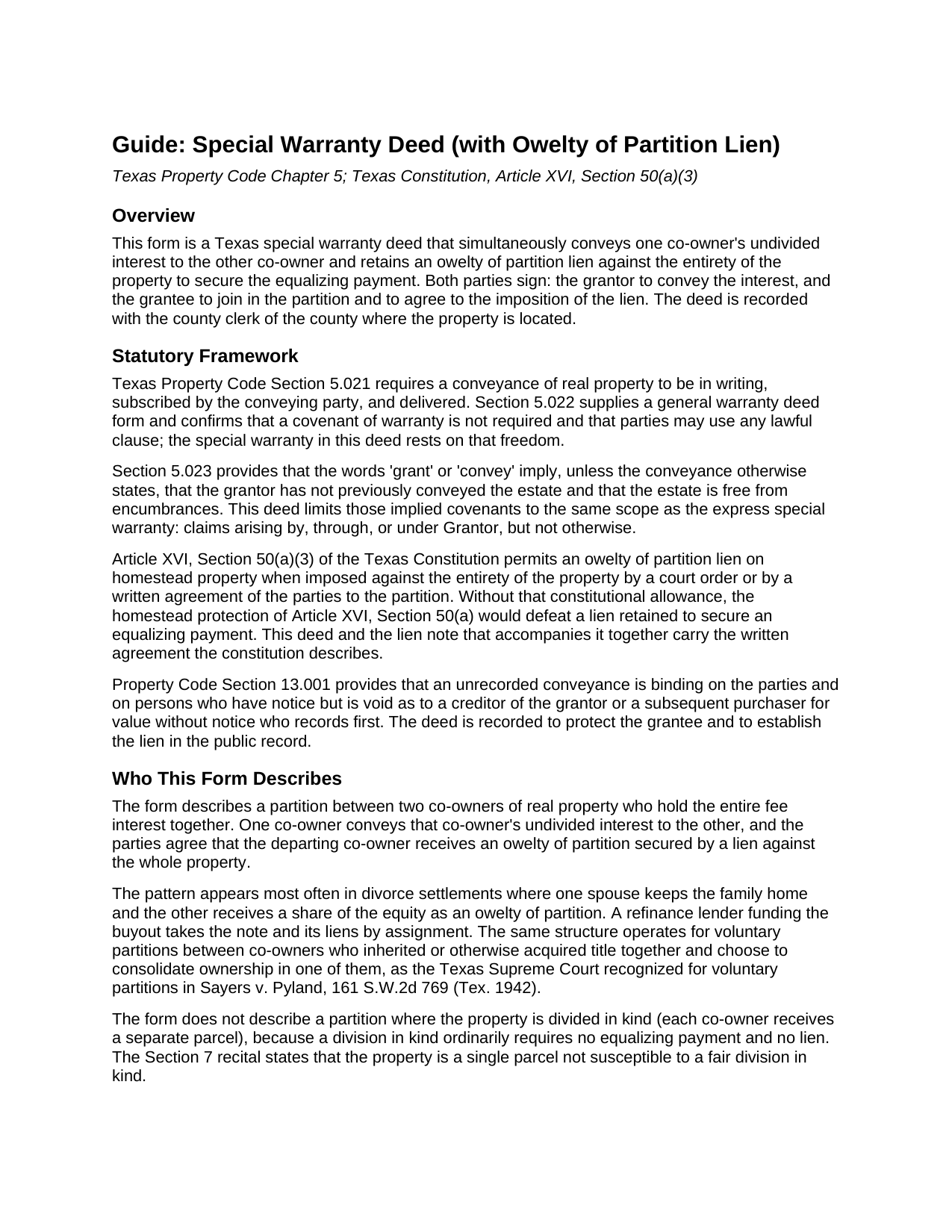 Donley County Special Warranty Deed (with Owelty Lien) Guide