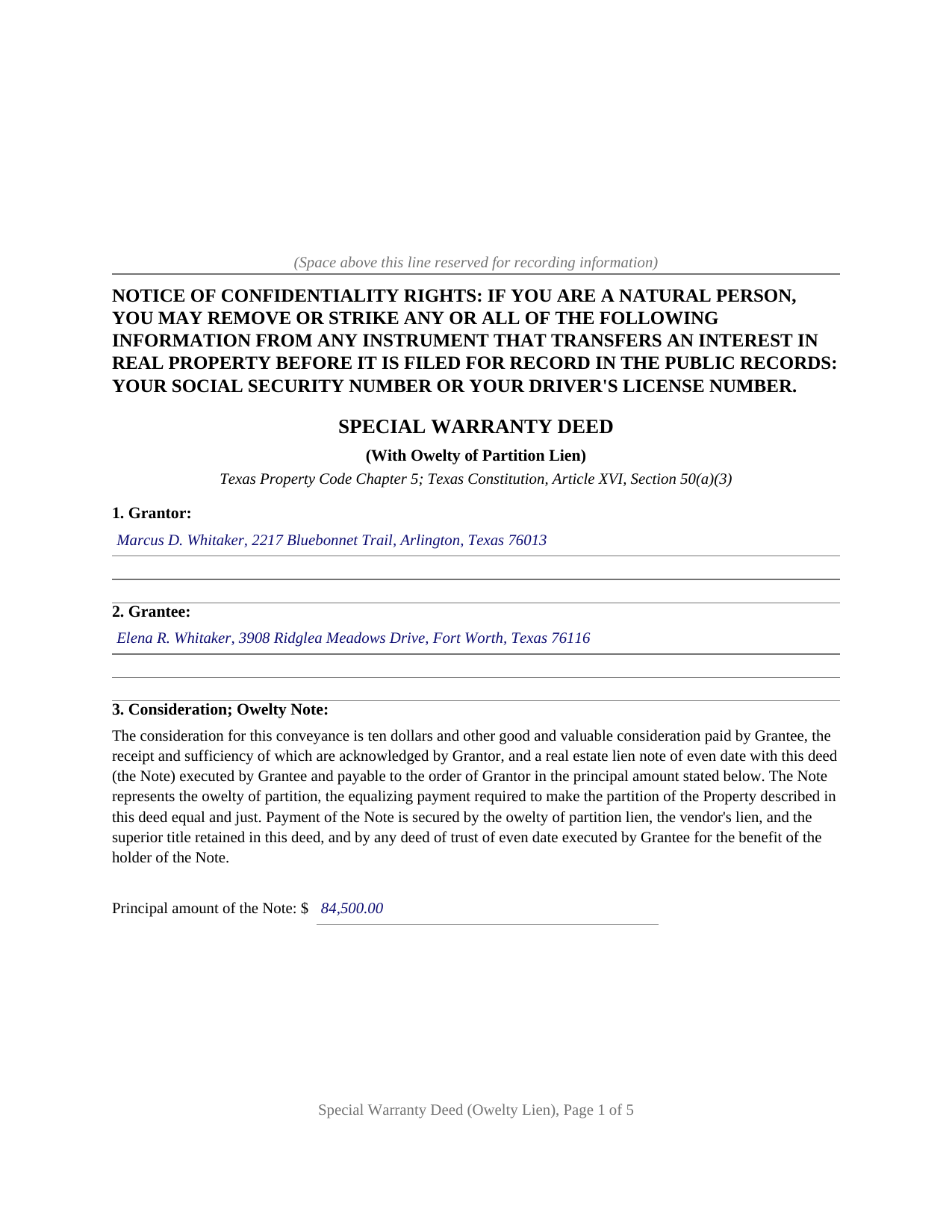 Donley County Completed Example of the Special Warranty Deed (with Owelty Lien) Document