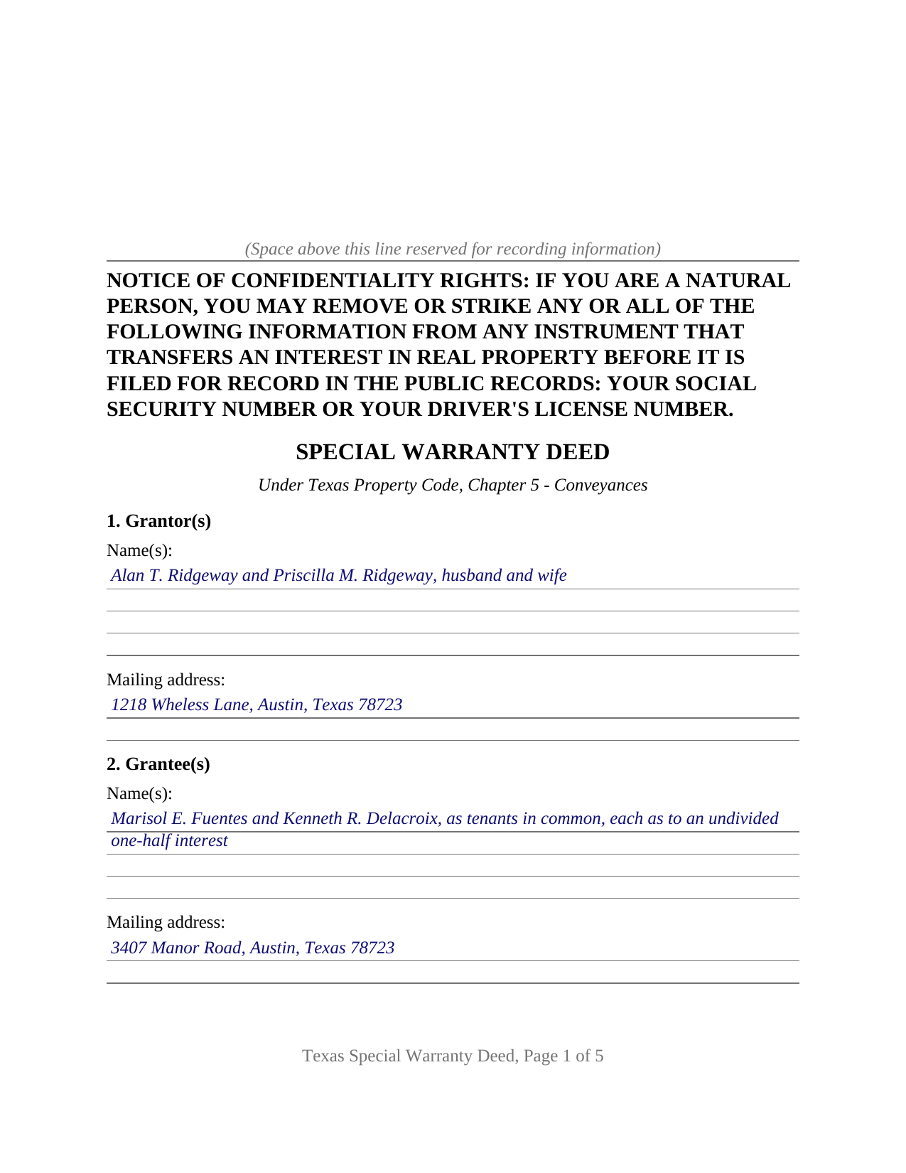 Bee County Completed Example of the Special Warranty Deed Document