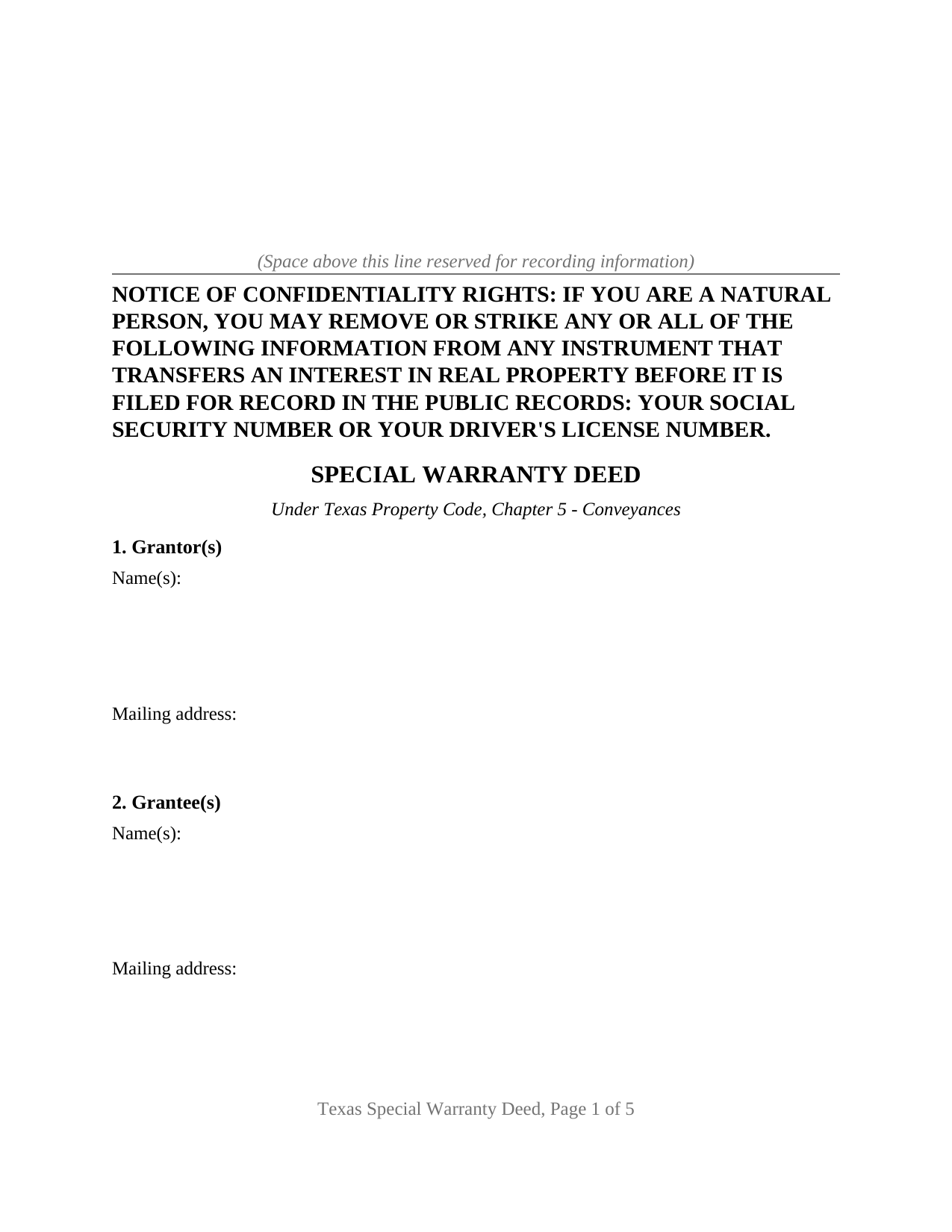 Bee County Special Warranty Deed Form
