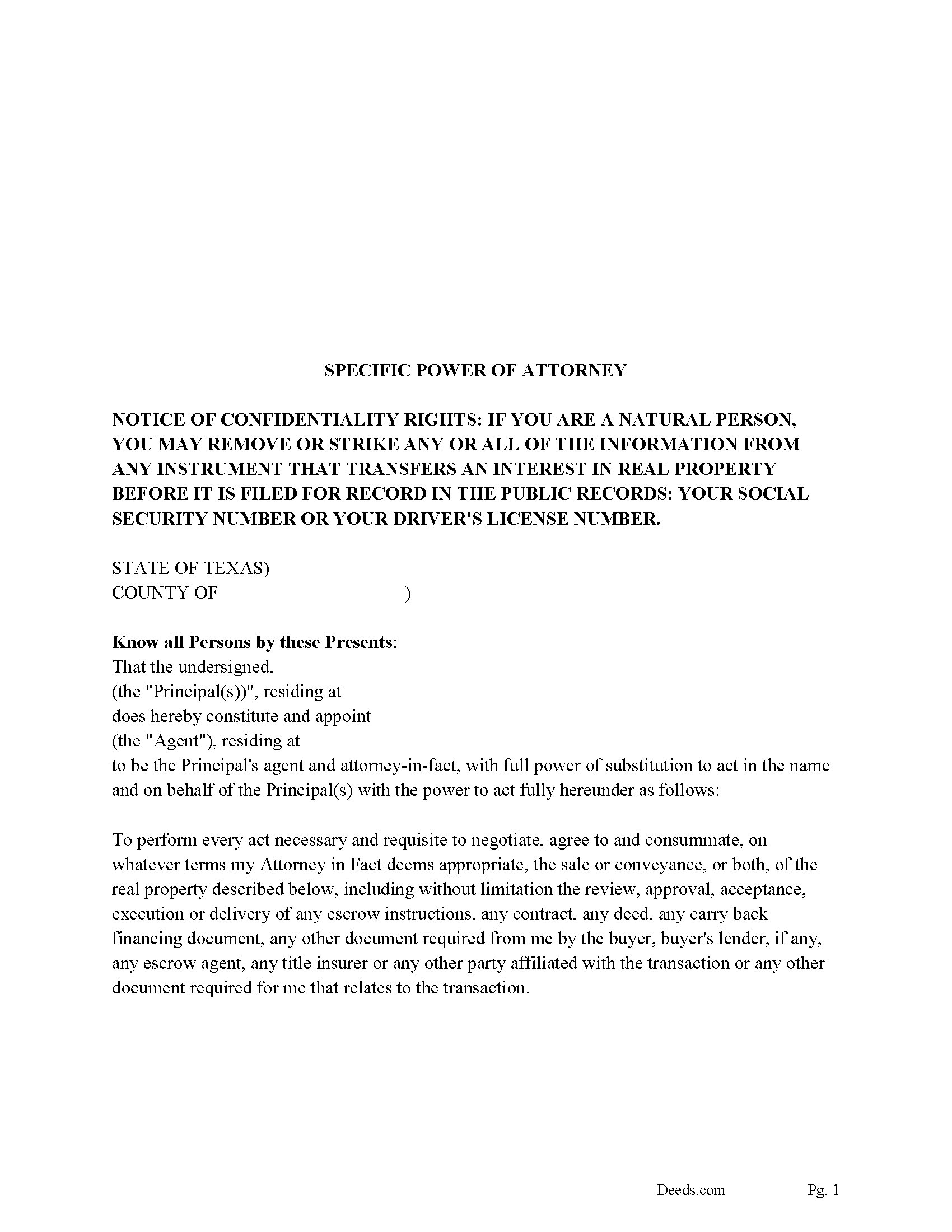 Freestone County Specific Power of Attorney