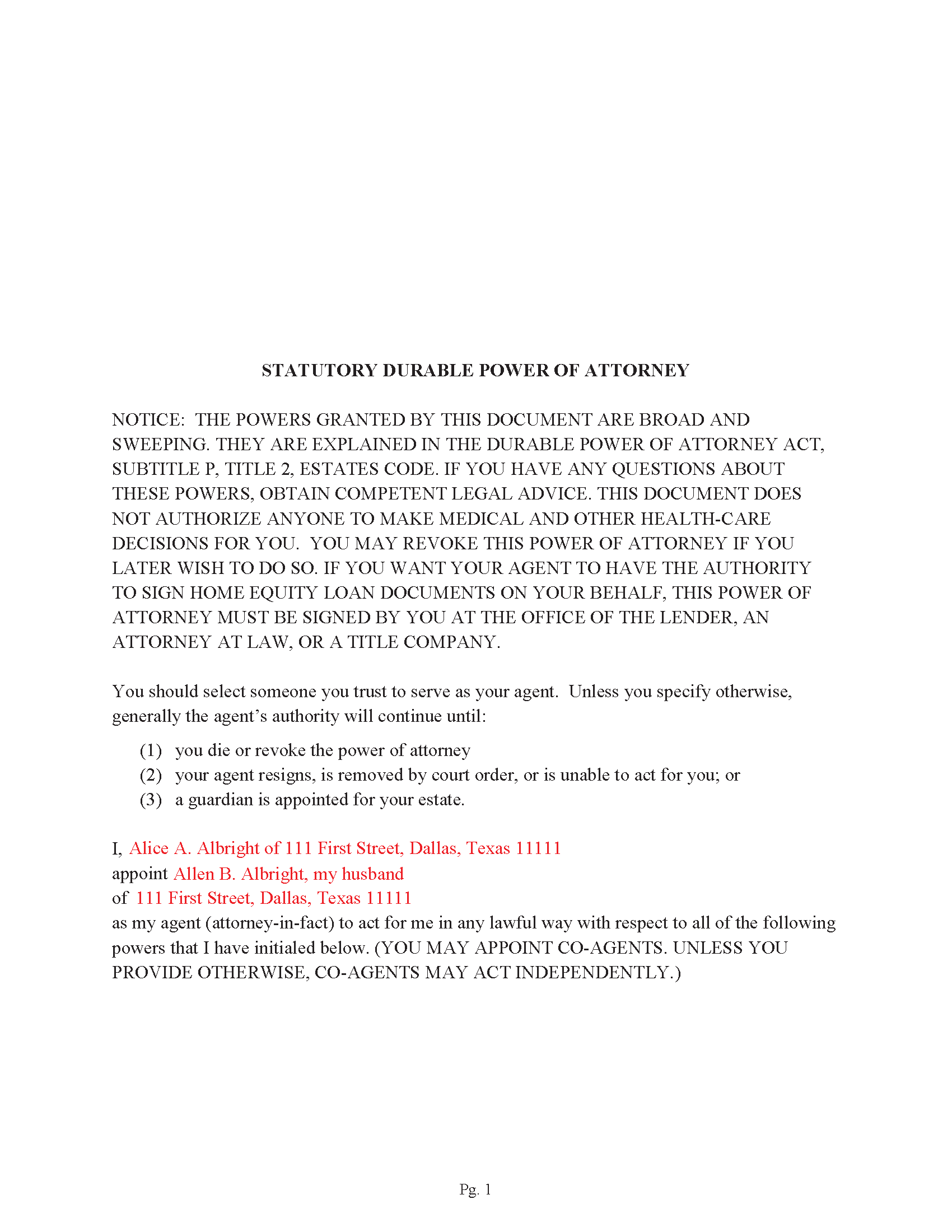 Brewster County Completed Example of the Power of Attorney