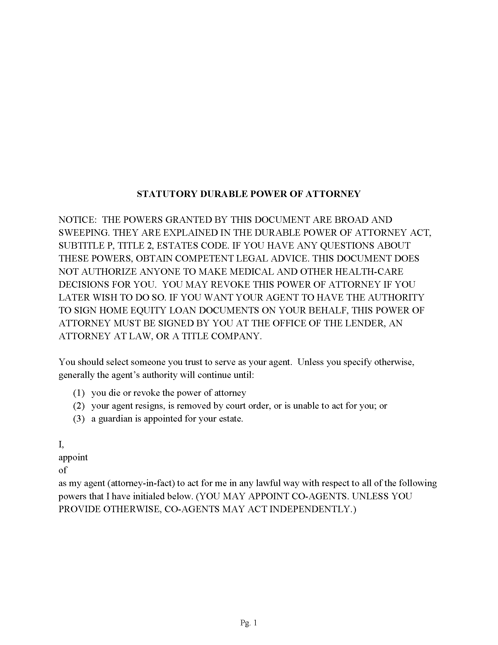 Brewster County Durable Power of Attorney Form