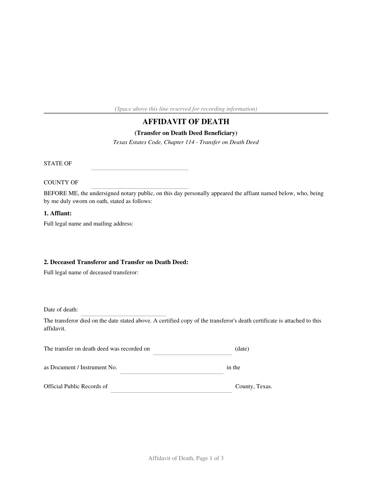 Texas Affidavit of Death (Transfer on Death Deed Beneficiary)
