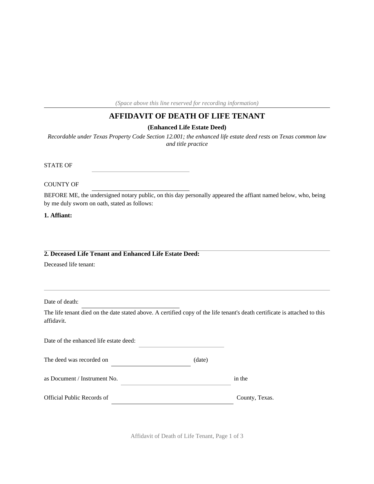 Texas Affidavit of Death of Life Tenant (Enhanced Life Estate Deed)
