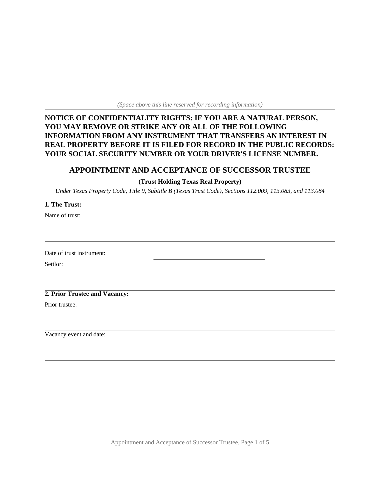 Texas Appointment and Acceptance of Successor Trustee (Recordable)