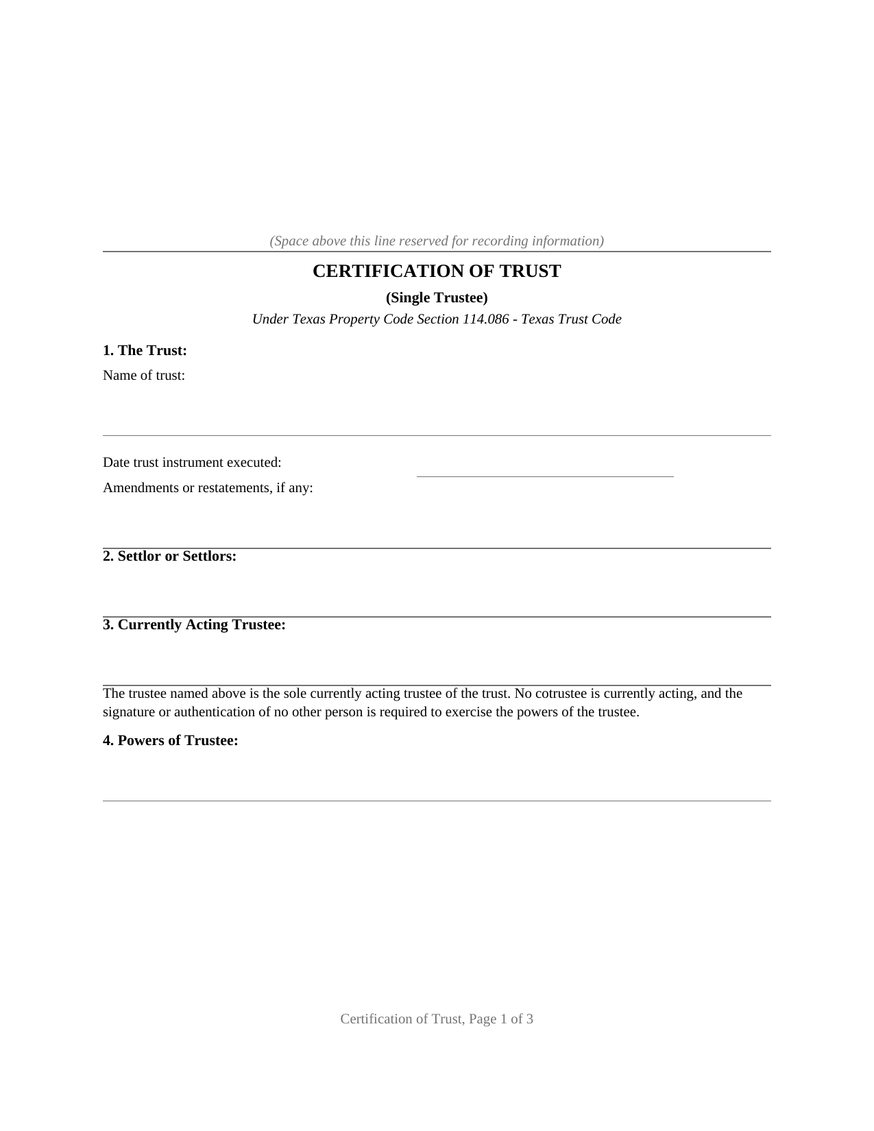 Texas Certification of Trust (Single Trustee)