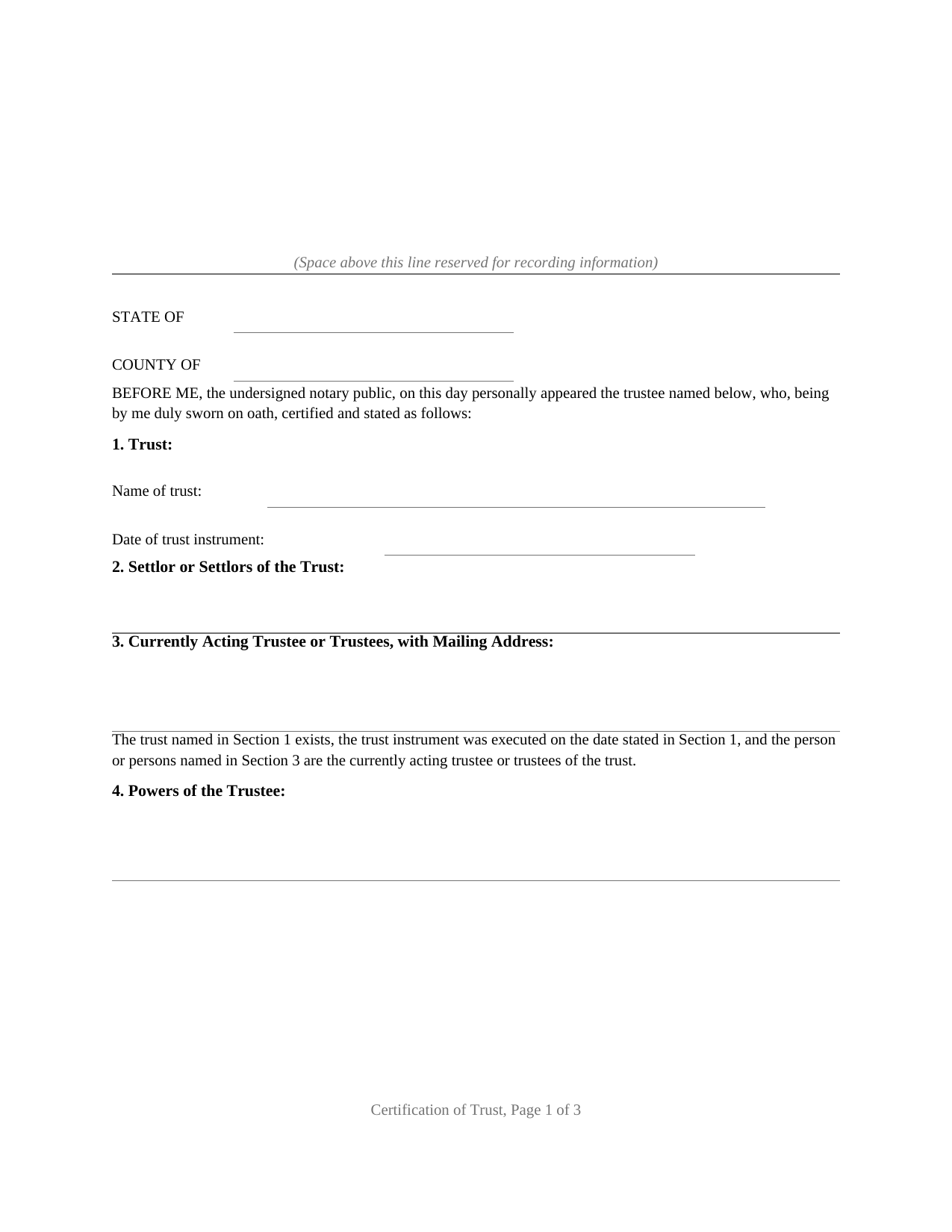 Texas Certification of Trust (Sworn Certification)