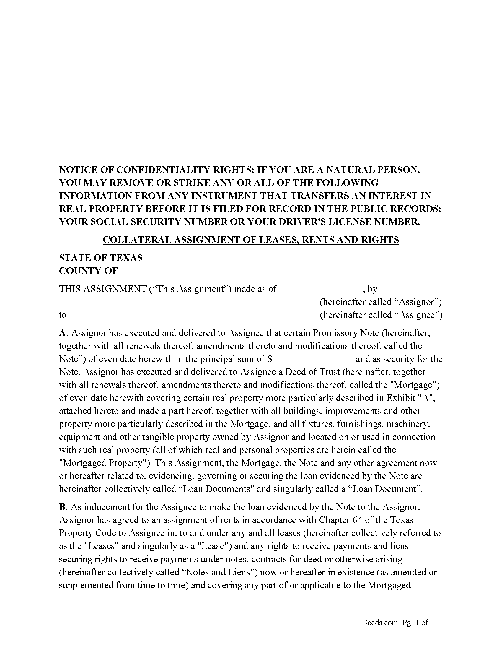Texas Collateral Assignment of Leases, Rents and Rights