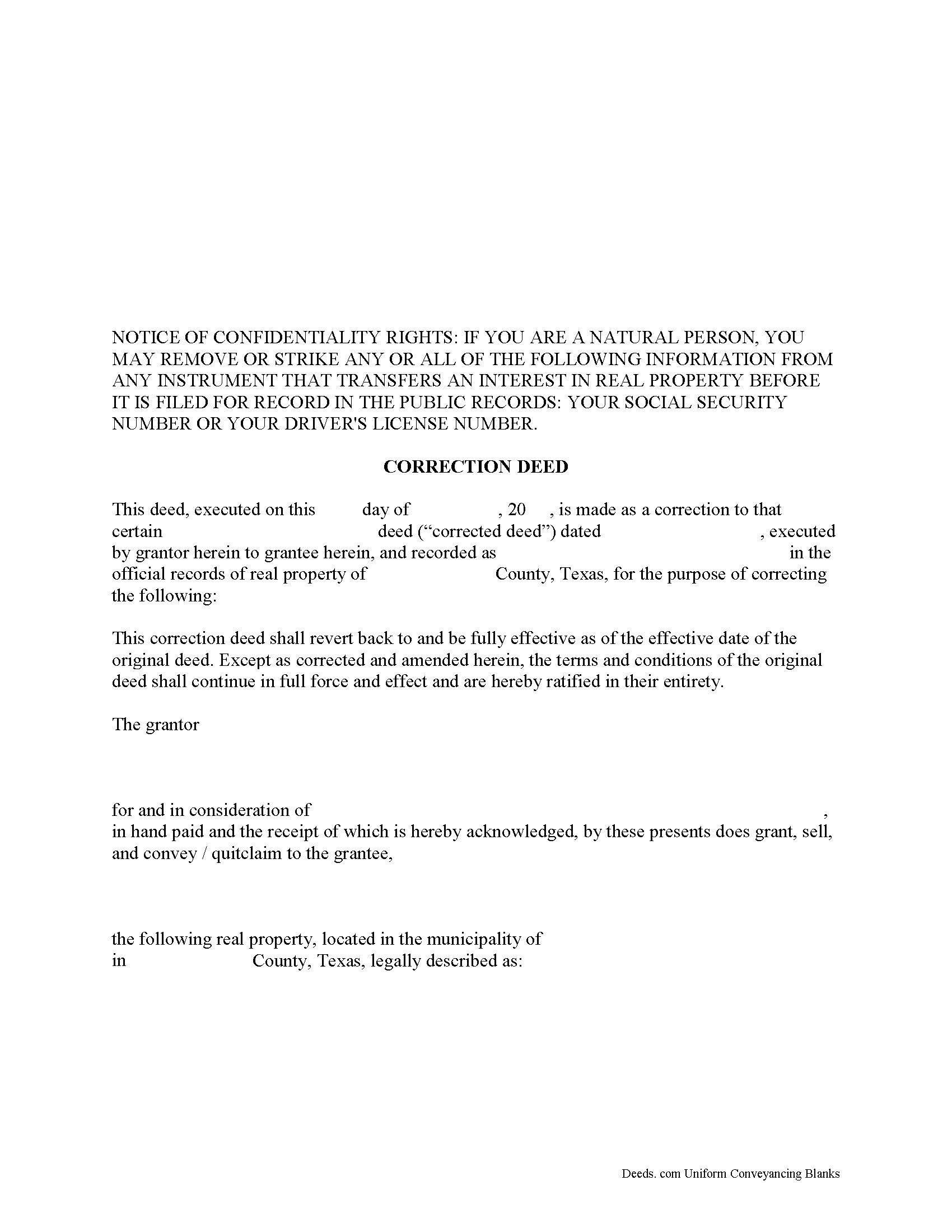 Texas Correction Deed Forms | Deeds.com