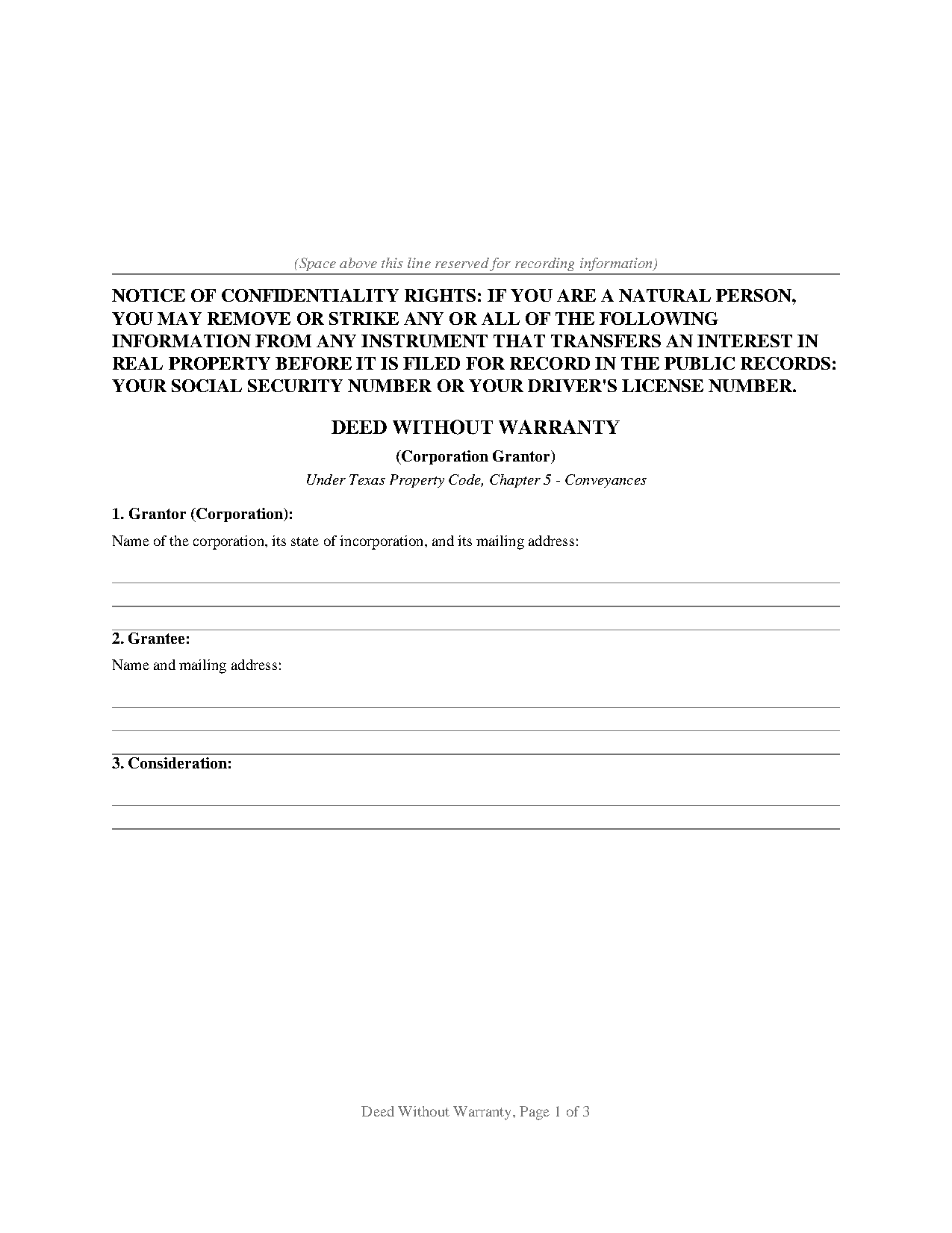 Texas Deed Without Warranty (Corporation Grantor)