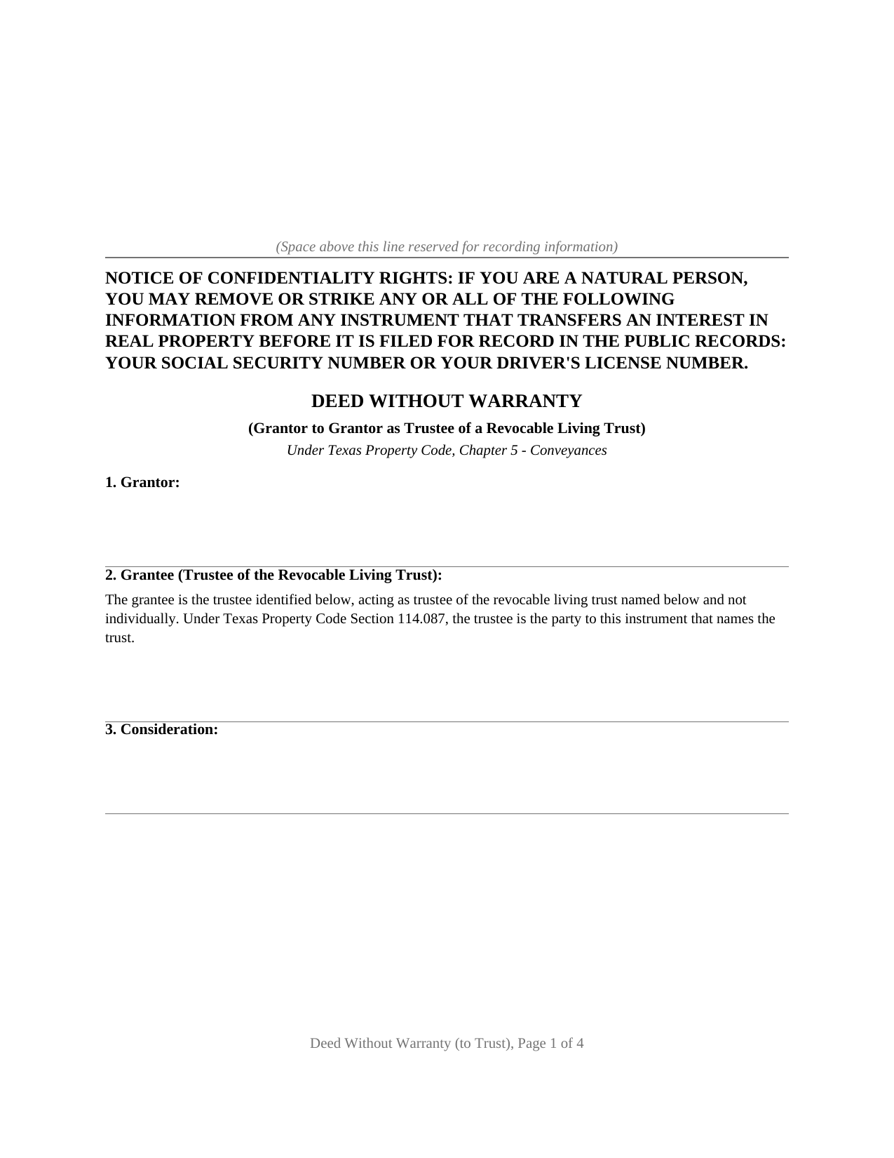 Texas Deed Without Warranty (Grantor to Own Revocable Trust)