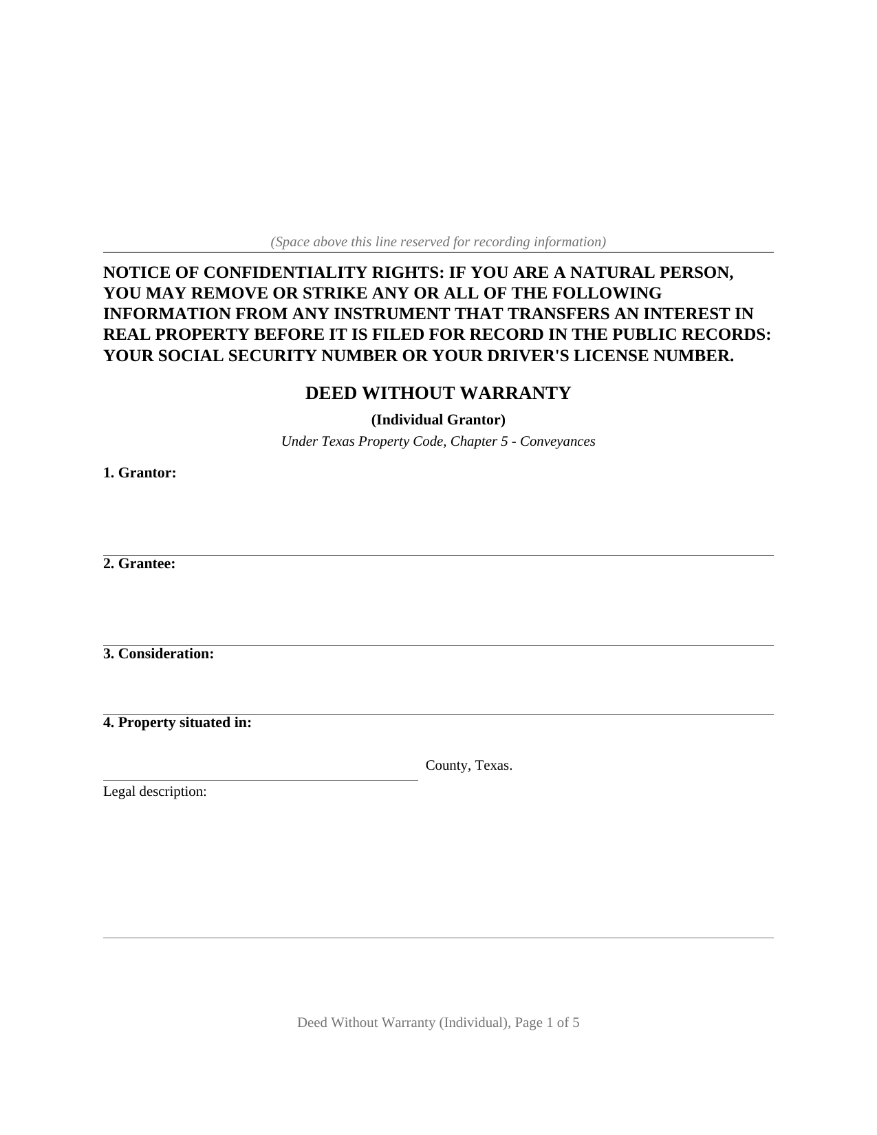Texas Deed Without Warranty (Individual)