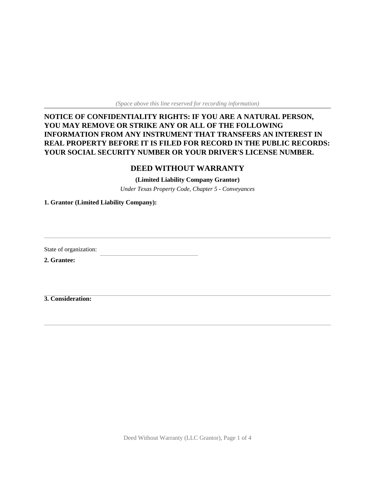 Texas Deed Without Warranty (LLC Grantor)
