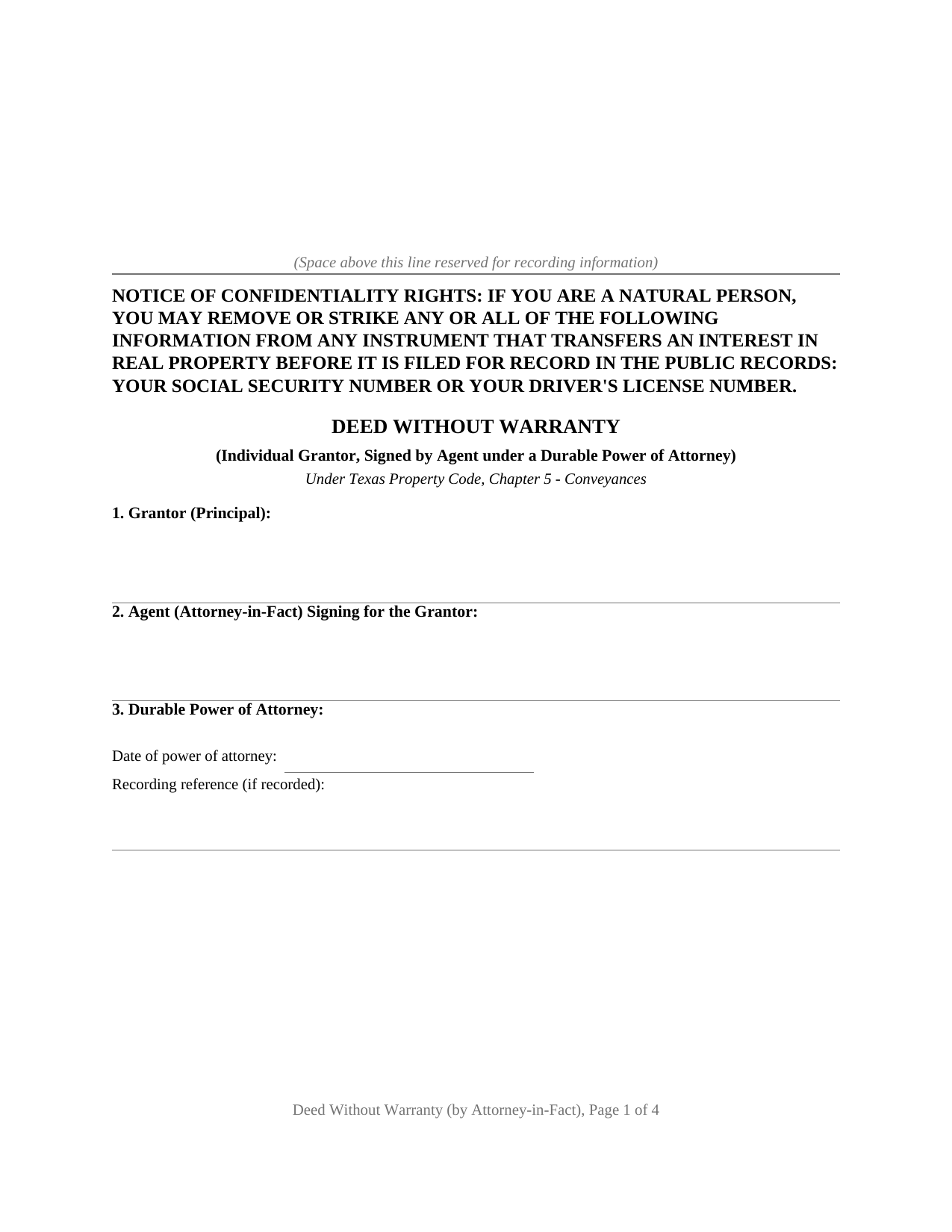 Texas Deed Without Warranty (Signed by Attorney-in-Fact)